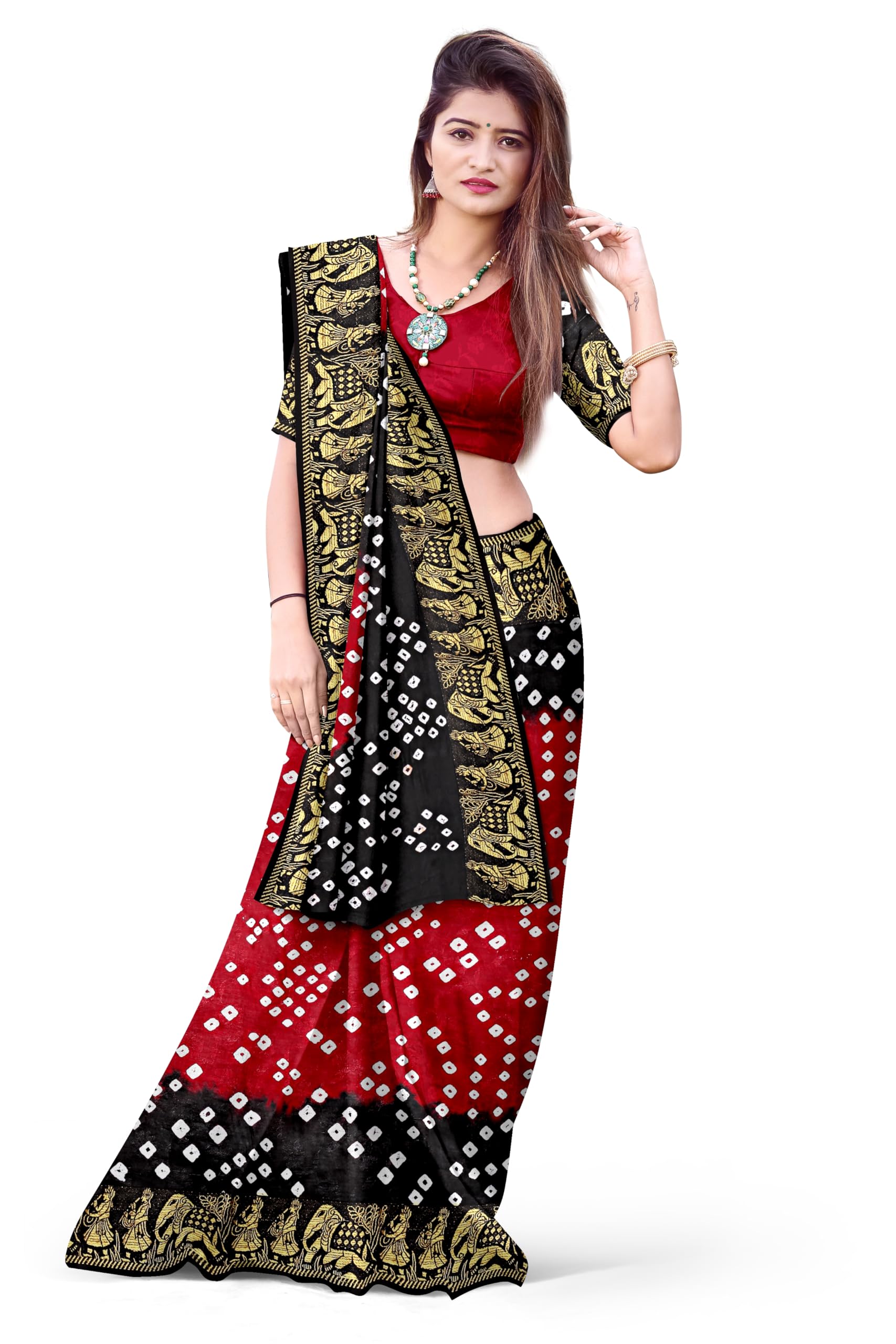 Present By Woven Bandhani Art Silk Saree Orijan Hand Bandhej Jacquard Border Bandhani Saree With Blouse Piece-image-48