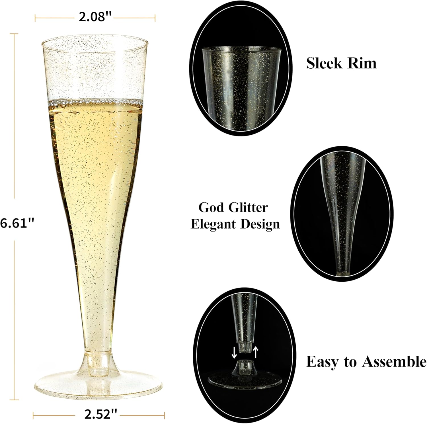 200 Pack Champagne Flutes Plastic, 4.5 oz Gold Glitter Plastic Disposable Stemware, Disposable Champagne Flutes for Party, Mimosa Bar, Wedding, Anniversary and Graduation