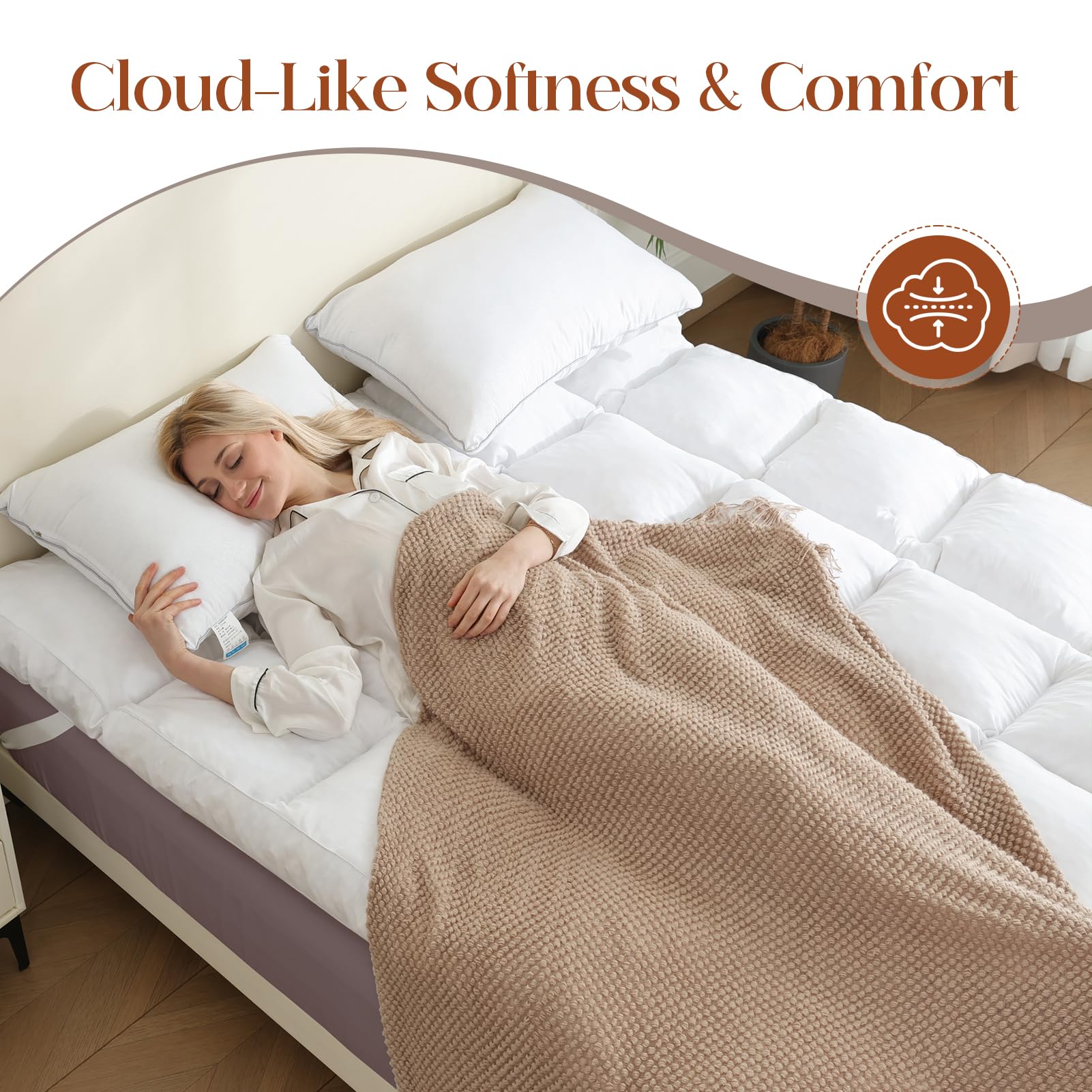 WhatsBedding Coprimaterasso matrimoniale in schiuma triturata da 7,6 cm, con copertura impermeabile, cuscino rinfrescante, morbido coprimaterasso con tasca profonda 20-53 cm, 99 x 190,5 cm, bianco