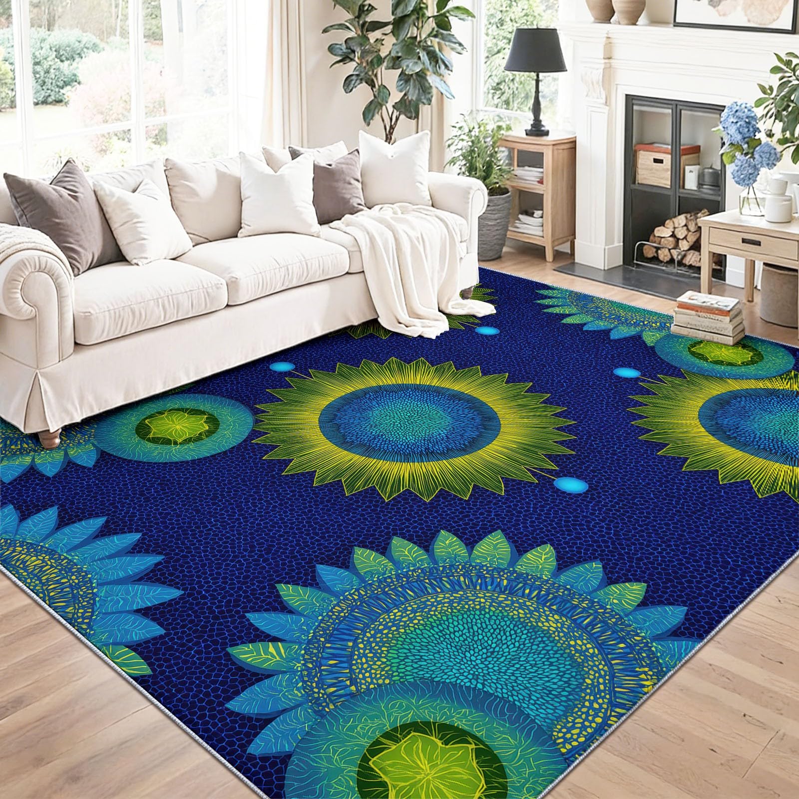 Böhmen Zusammenfassung Teppich 120 x 170 cm Teppich Wohnzimmer Blaues Sonnenblumenmuster Kurzflor Waschbarer Teppiche Schlafzimmer Wohnzimmerteppich rutschfest Teppiche für Kinderzimmer Esszimmer