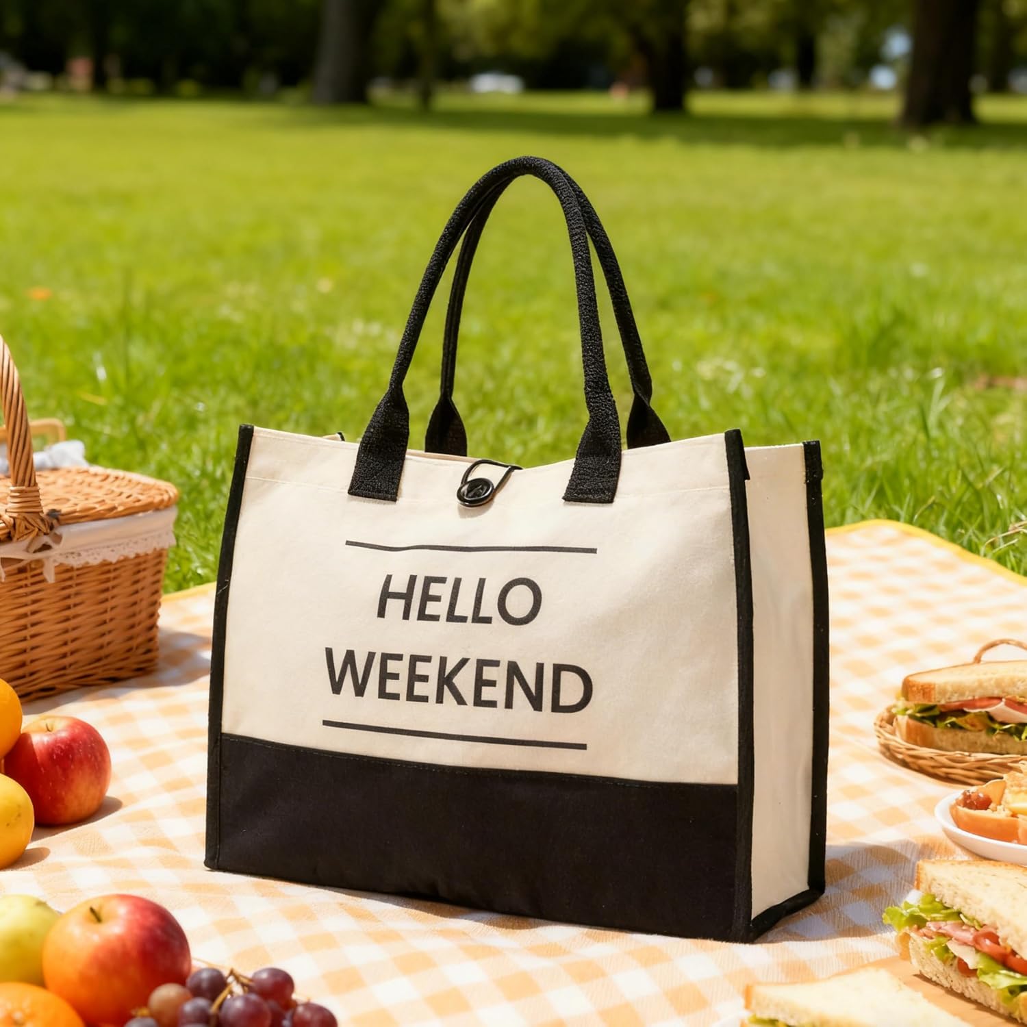 JOLLQUE Hello Weekend Beach Tote Bag, Large Waterproof Travel Foldable Canvas Handbag Purse, Summer Shoulder Bags for Women