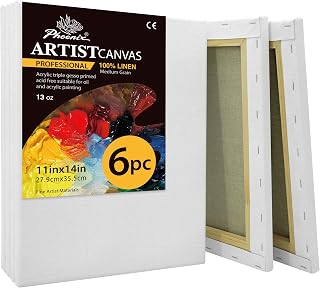 PHOENIX Belgian Linen Canvas for Oil Painting - 11x14 Inch/6 Pack Medium Texture, 3/4 Inch Profile - 13 Oz Triple Primed Blank Professional Stretched Archival Canvases for Acrylic Paints