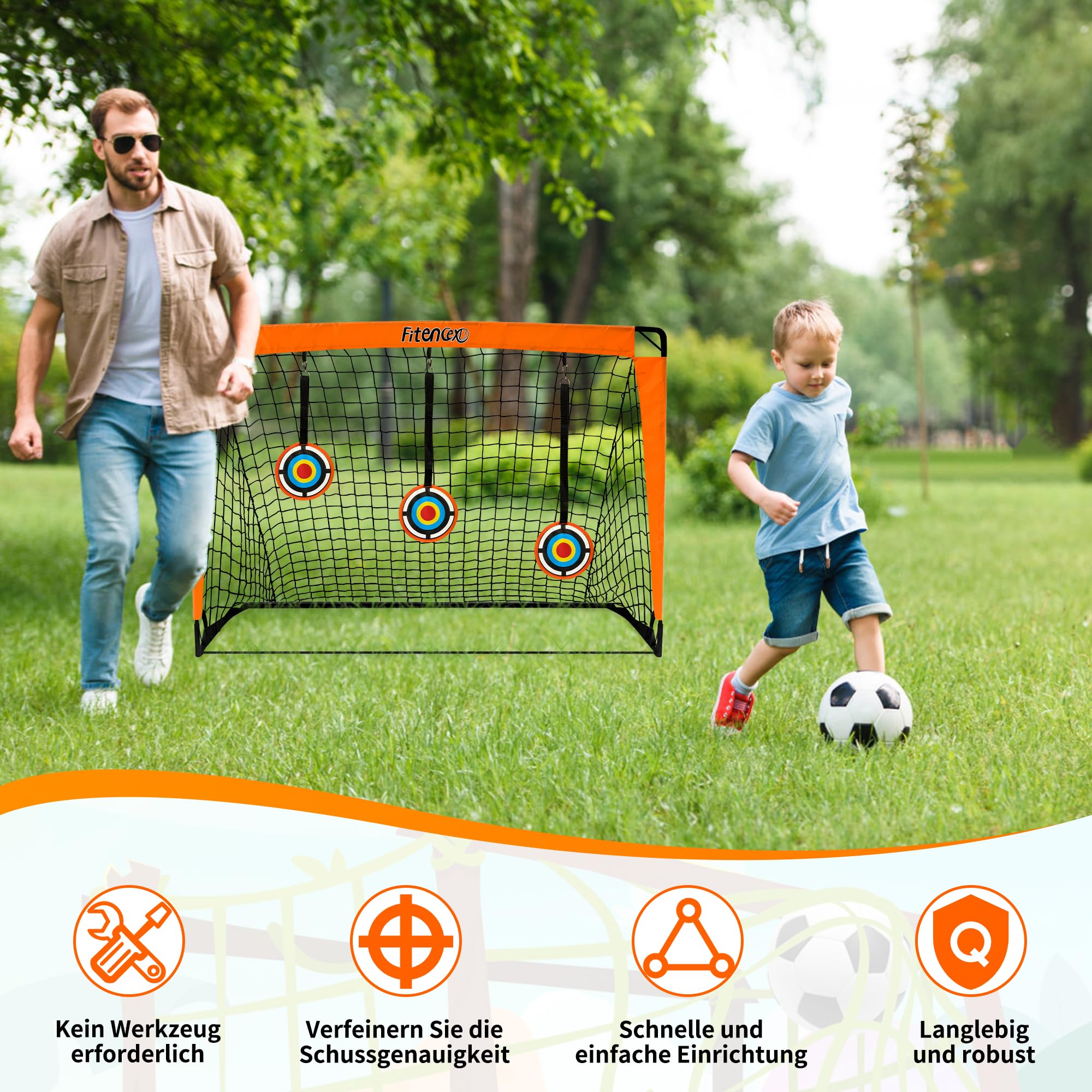 Juego de portería de fútbol infantil con 5 agujeros de tiro y 3 dianas – Portería de fútbol plegable de 120 x 90 cm + 6 obstáculos de entrenamiento para jardín/exterior, incluye bolsa de
