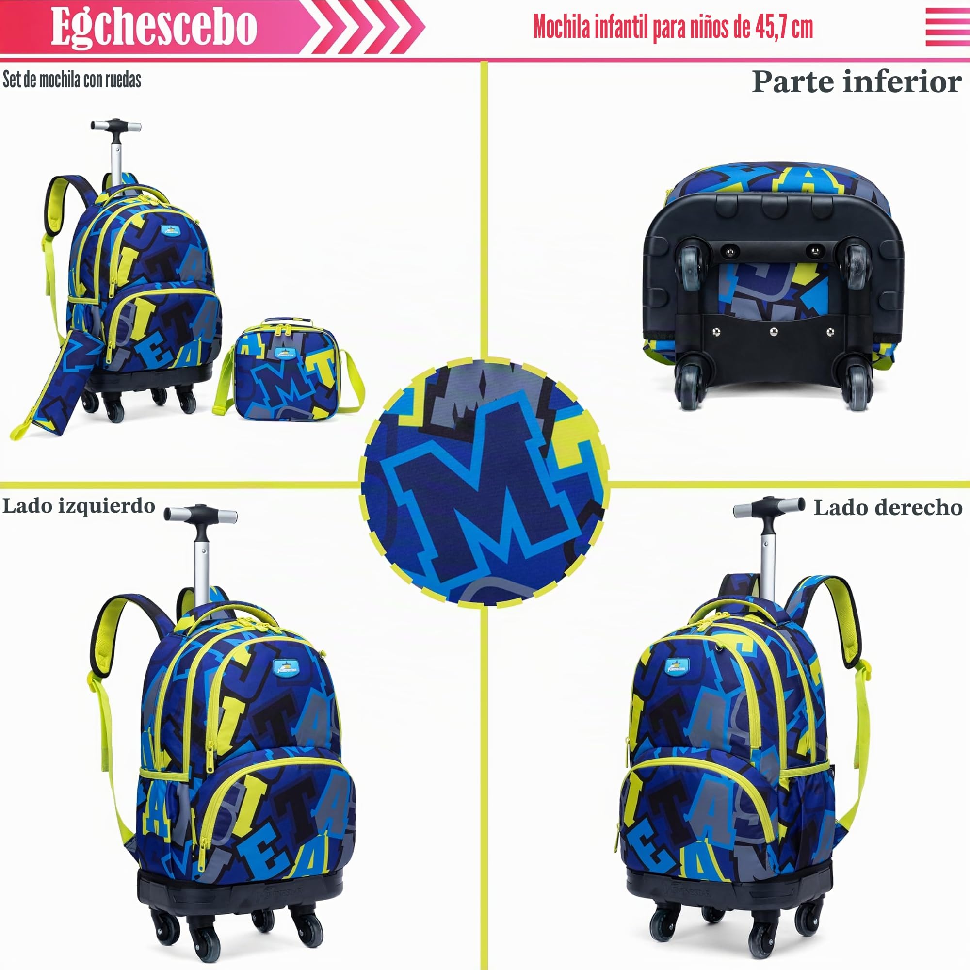 Mochilas Escolares con Ruedas Carro Niño Rodillos Giratorios Carrito para Escolar Bolso de Viaje Estuche Stitch Chicos 17" 3PCS Maleta Colegio Grande Infantil Niños Alfabeto Amarillo