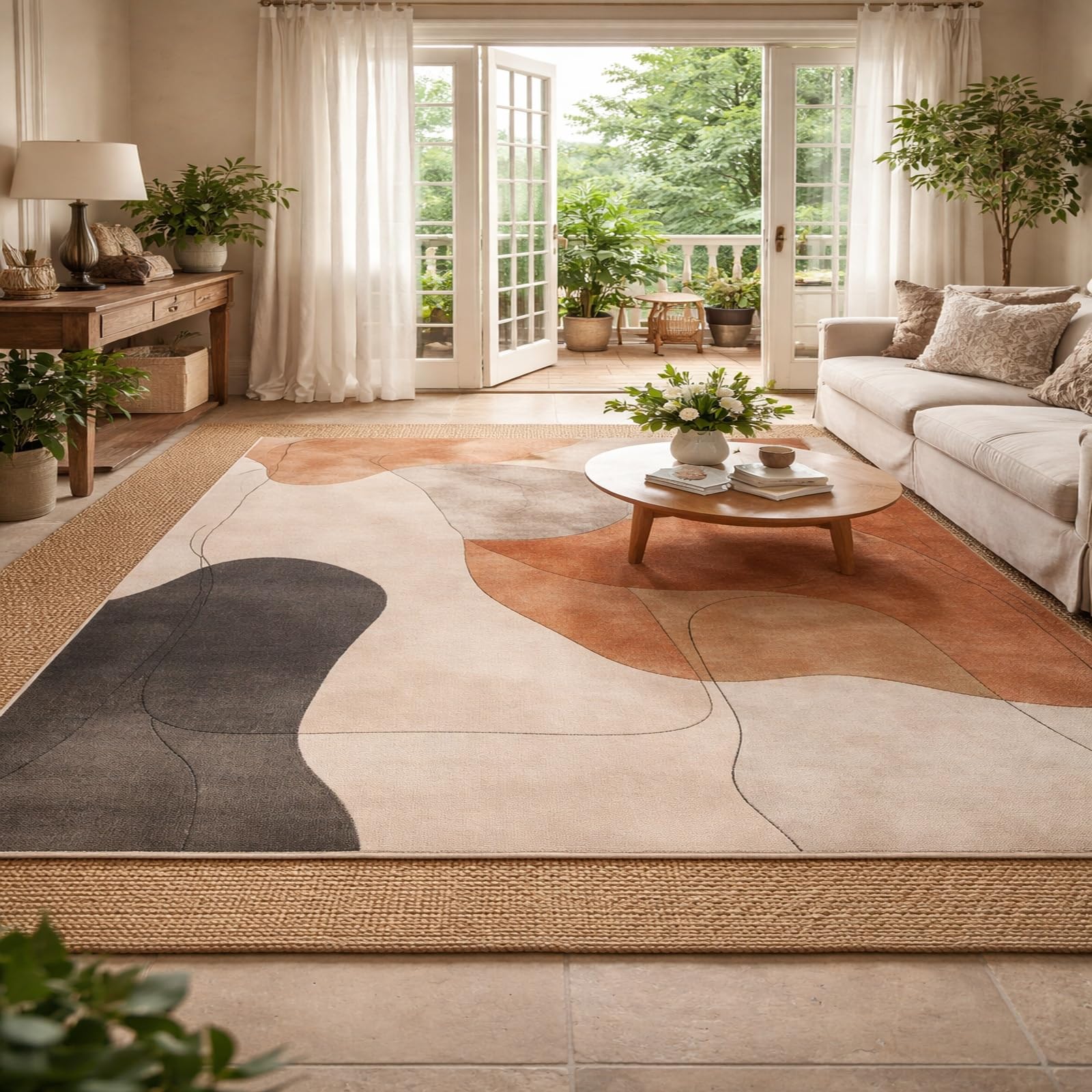 Tapis de séjour abstrait moderne au design raffiné crème et brun 200x280