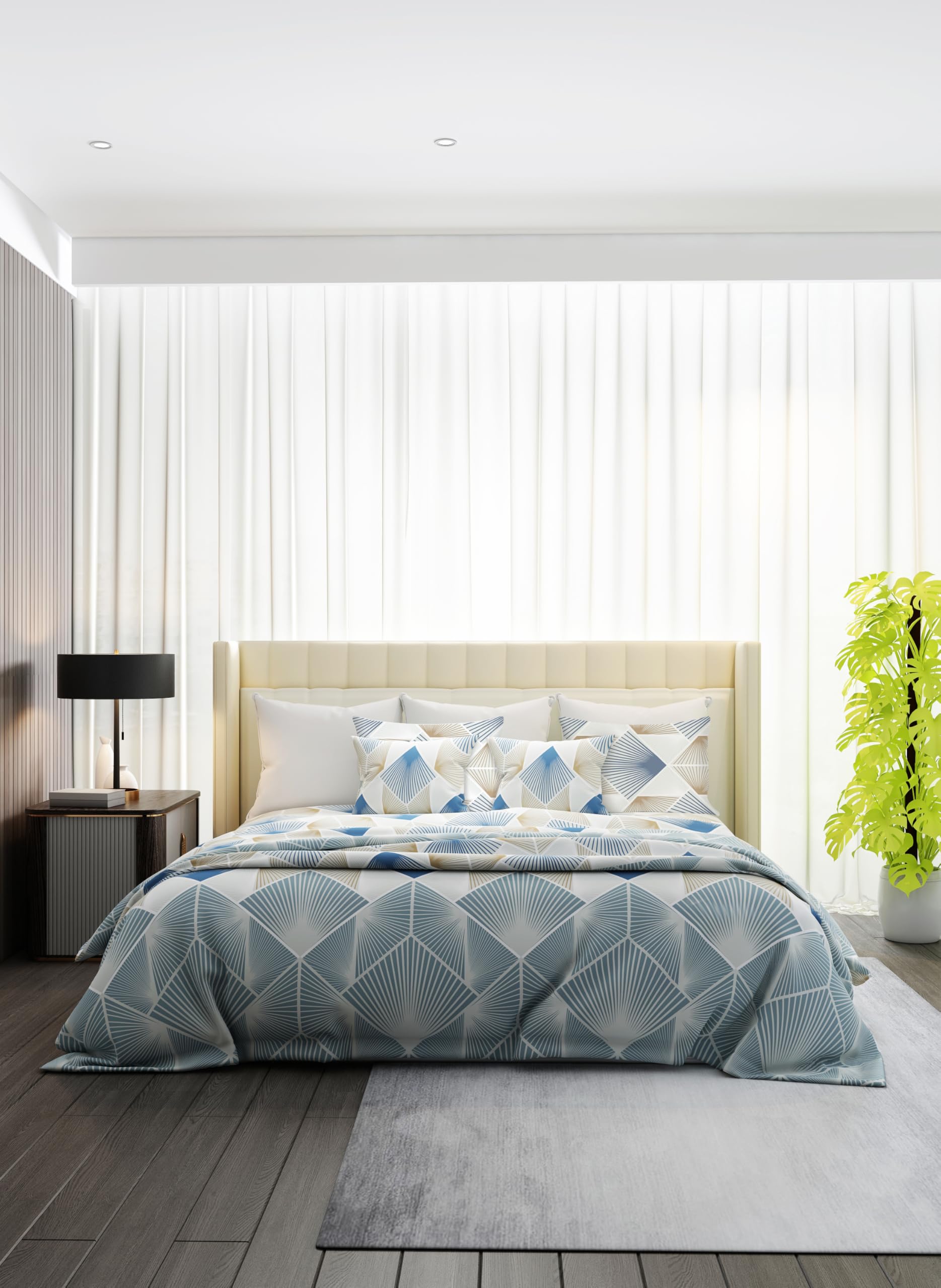 Raymond Home King Flat Sheet Bedsheet 210 Thread Count Luxirious 100% Long Staple Cotton Bedding Printed Sateen Percale Bed Linen with 2 Pillow Case - Blue (274 * 274 CM)