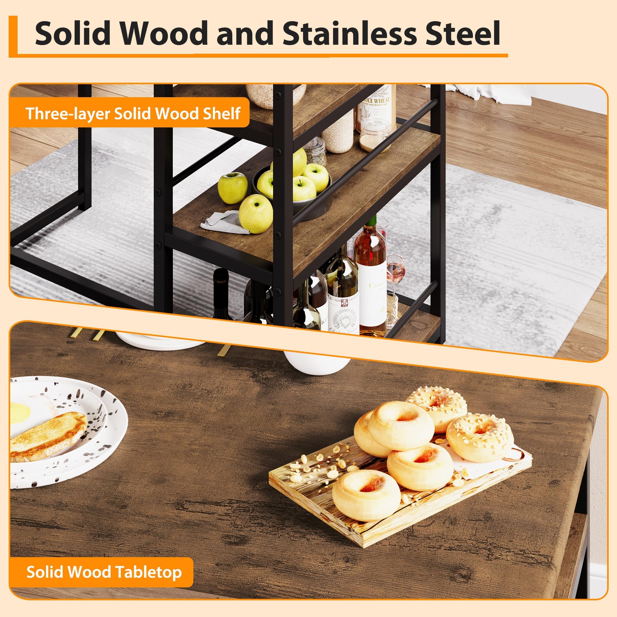 Bartisch Set 3-Teilig, Bistrotisch Set mit Metallgestell, 2 Personen BartischSet mit 2 Gepolsterten Stühlen & 3 Ablagen, Esstisch für Wohnzimmer, Esszimmer und Küche - Braun