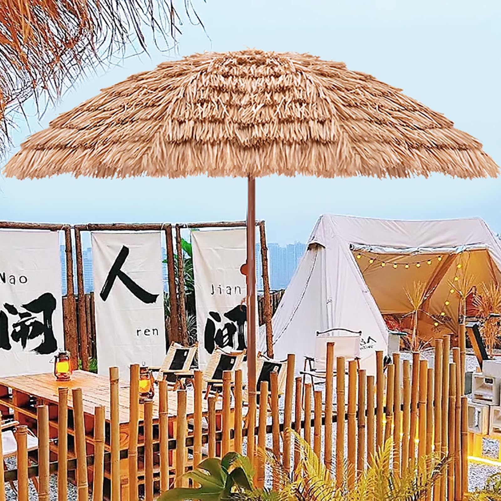 Hawajski parasol Tiki do użytku na zewnątrz, z ochroną UV i funkcją nachylenia, wodoszczelny parasol plażowy ze słomy, tropikalny parasol tarasowy ze słomy, do stołów na świeżym powietrzu, z uchwytem
