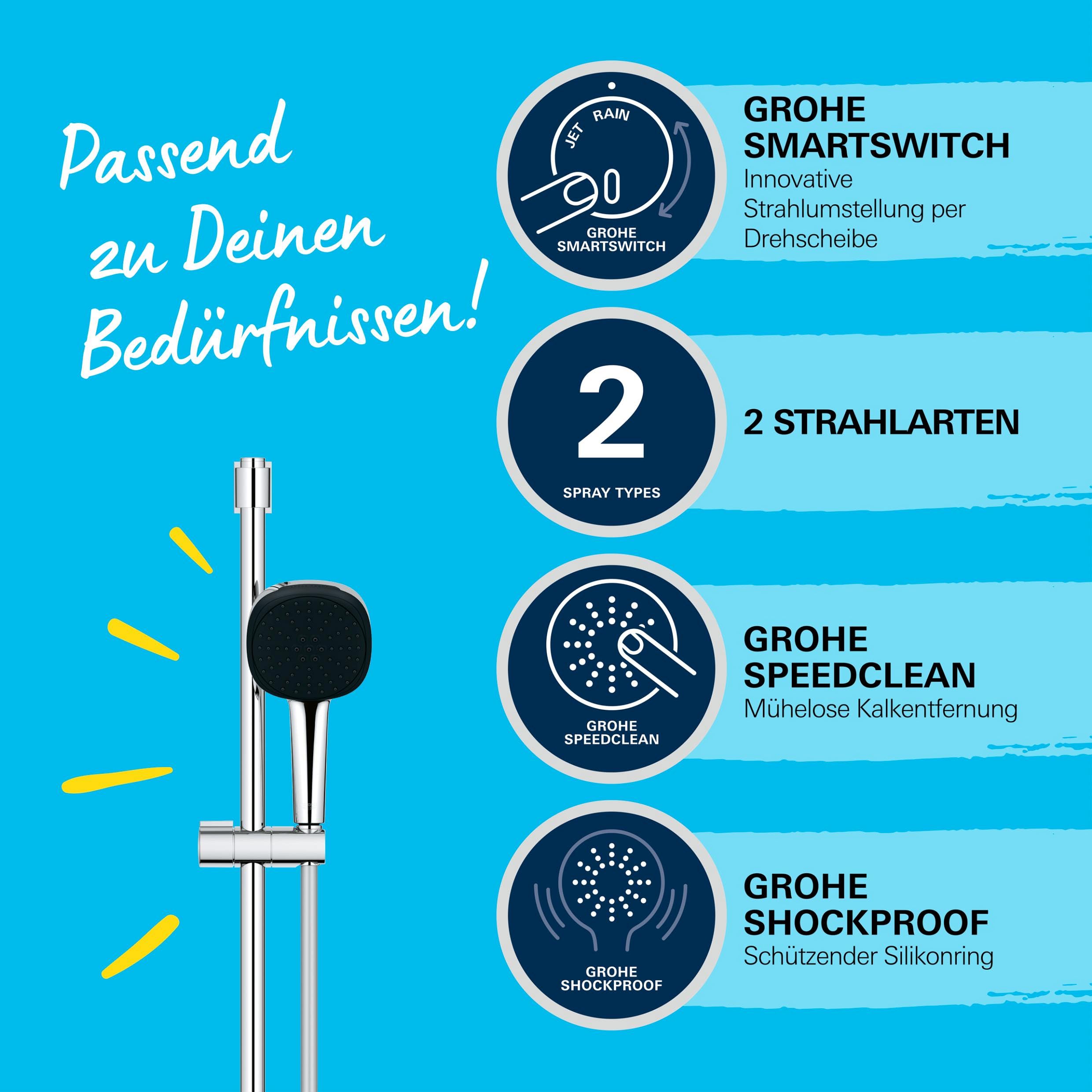 GROHE Vitalio 110, Duschset, 14l pro Min (Duschstangenset mit: Duschkopf 2 Strahlarten, 1,75m Schlauch, Duschstange 90cm, zum Kleben oder Bohren, ohne Kleber), eckig, chrom, 26931001