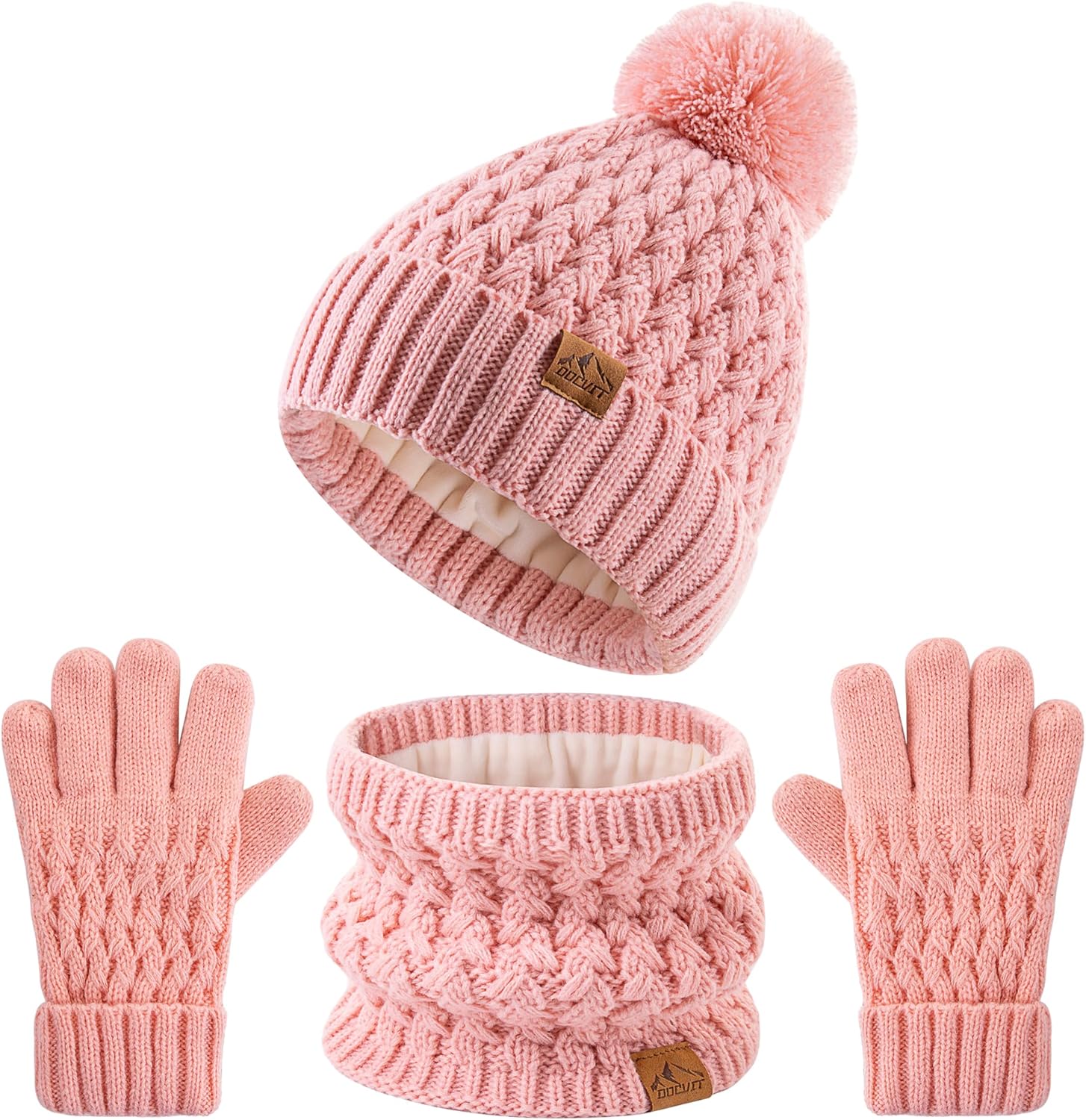 Kids Pompom Winter Beanie Hat Scart Gloves Set,Boys Girls Knitted Fleece Lined Woollen Hat for Children's Toddler 3-9 Years