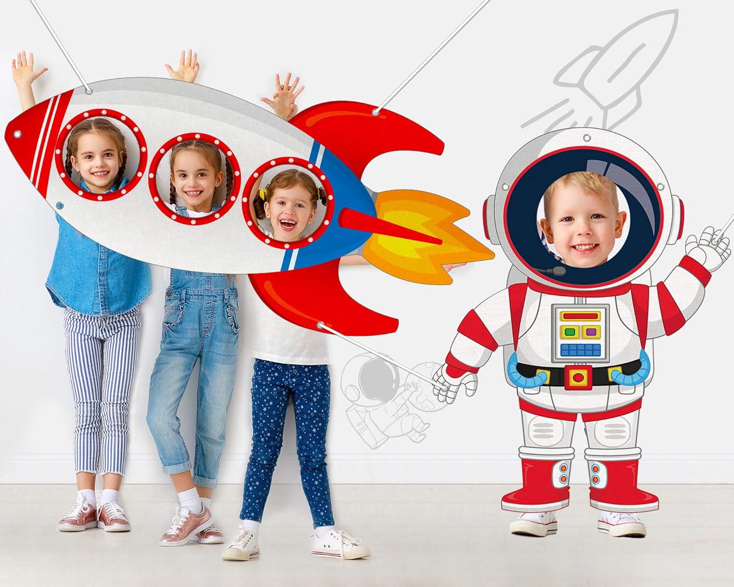 Space Photo Prop Selfie Frame Party Decor Fabric Rocket Astronaut Shaped Photo Booth Props Space Background Party Supplies for Boys Girls Birthday Planet Banner Backdrop Party Sign 36.2x78.74 Inch