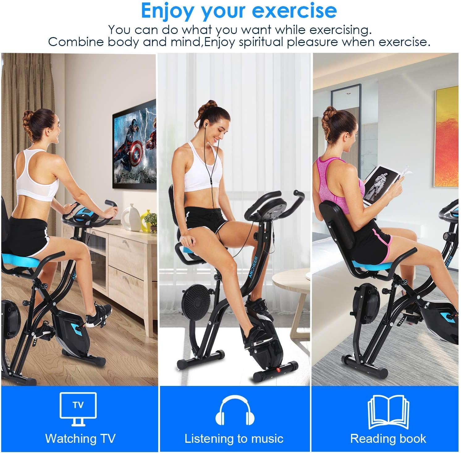 Three panels showing a woman using the ANCHEER B-168 exercise bike while watching TV, listening to music, and reading a book, illustrating the tablet/phone holder feature.
