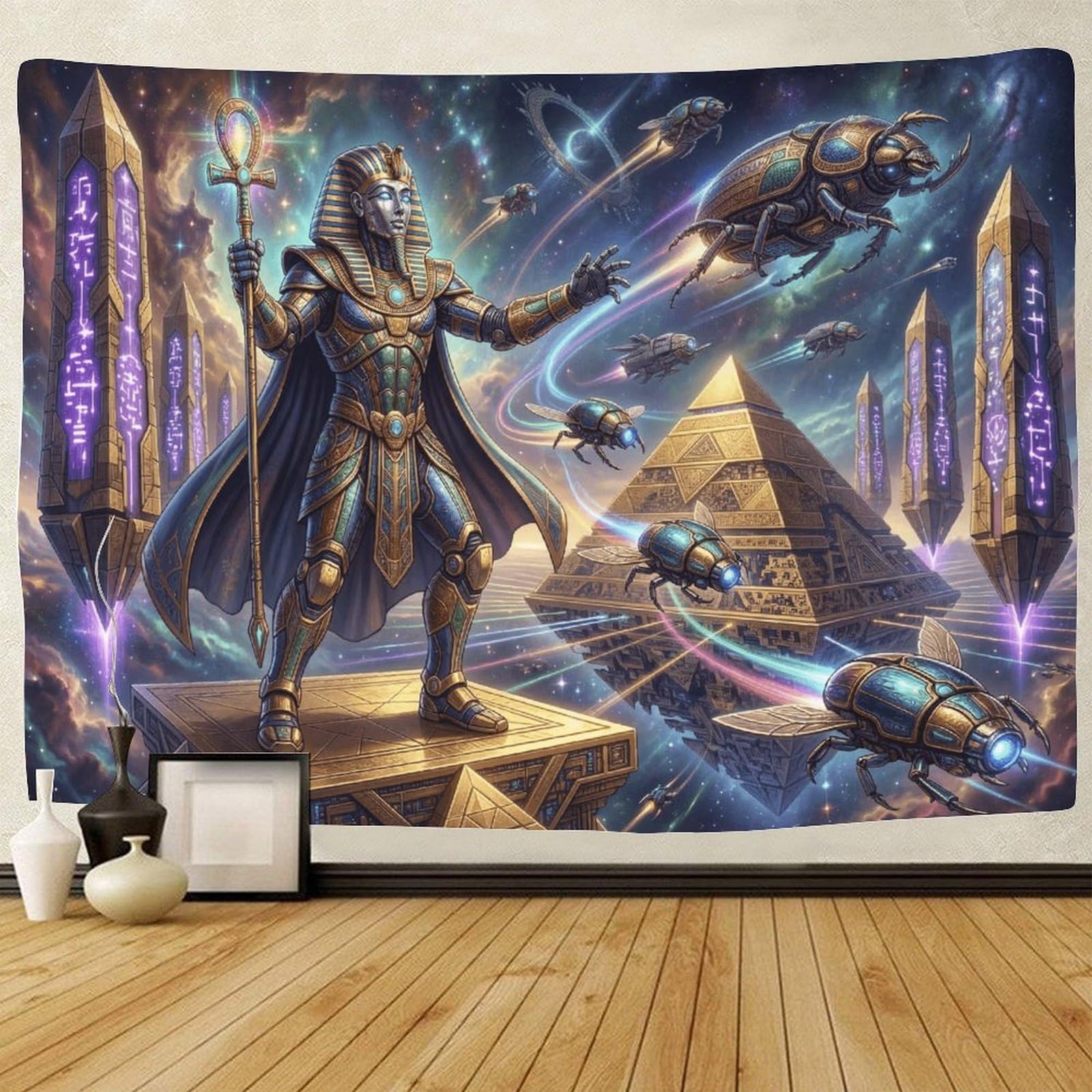 GPMNBCXZK Egyptian Pharaoh 3D Printed Wall Art Futuristic Scarab Living Room Bedroom Decor Wall Tapestry 180cmx230cm