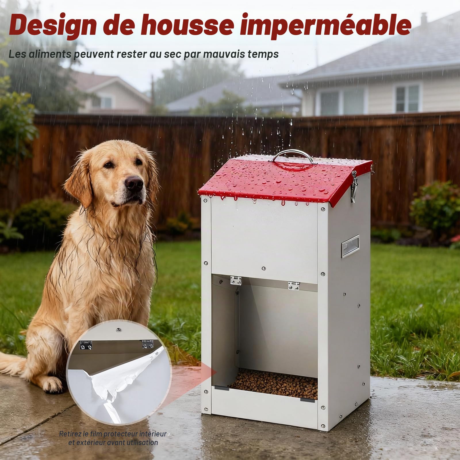 Distributeur Croquettes Chien Automatique, Mangeoire Gravity pour Grand Chien Capacité 11 Kg, Couvercle Protecteur, Idéale Intérieur et Extérieur