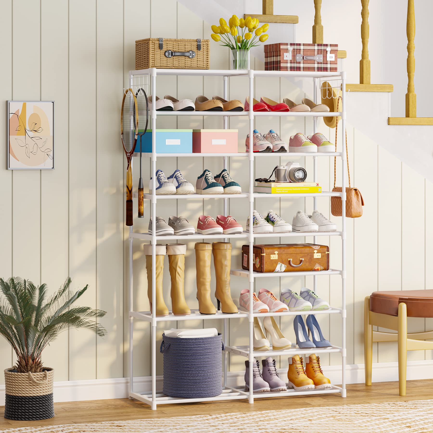 Tribesigns Shoe Rack Organizer, 32-40 Pairs Shoe Storage Shelf, 9 Tiers Shoe Stand, Shoe Rack for Closet, Boot Organizer with 2 Hooks, Stackable Shoe Tower