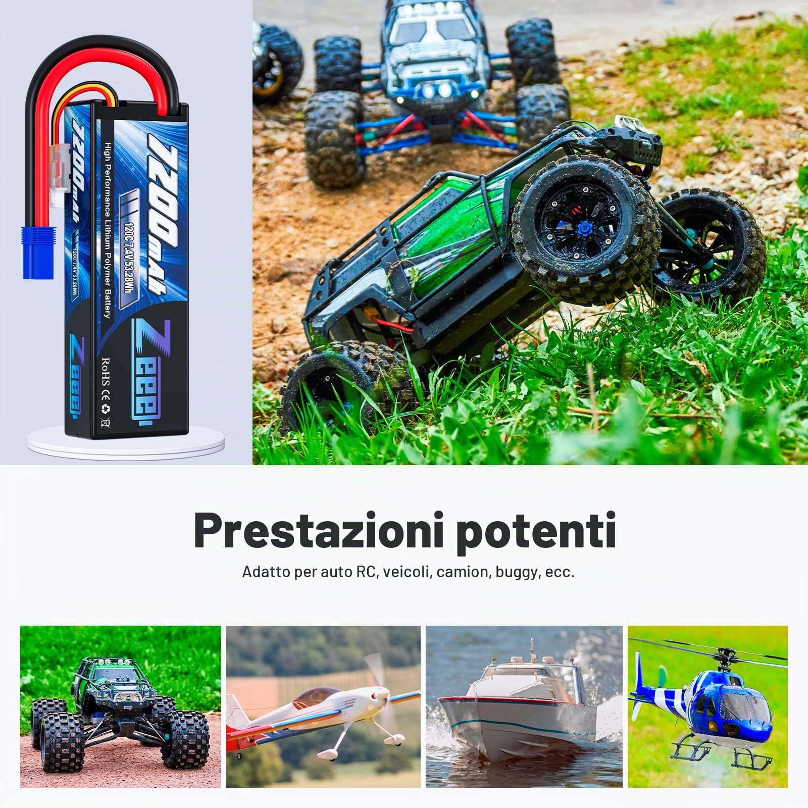 Zeee 2S Lipo 7200mAh 7.4V 120C con spina EC5 Batteria RC hardcase per auto RC, camion, veicoli RC, truggy, buggy, carro armato, elicottero, aereo, modelli da corsa (2pcs)