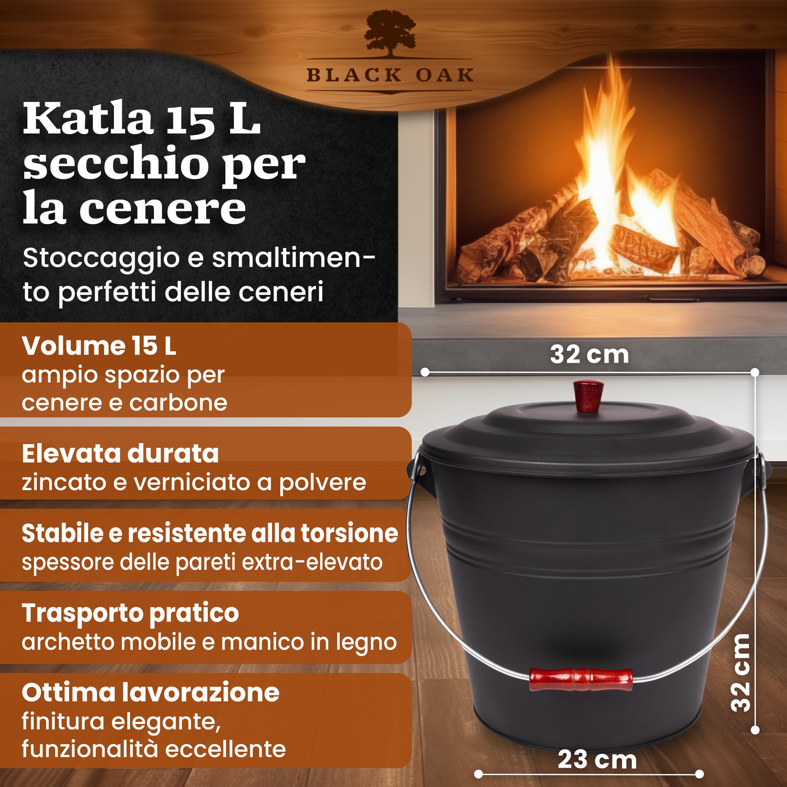 BLACK OAK KATLA - Pattumiera da 15 l, con coperchio in legno, grande, 15 litri, in acciaio zincato a prova di fuoco, verniciato a polvere, per cenere e carbone, accessorio ideale per camino, stufa a