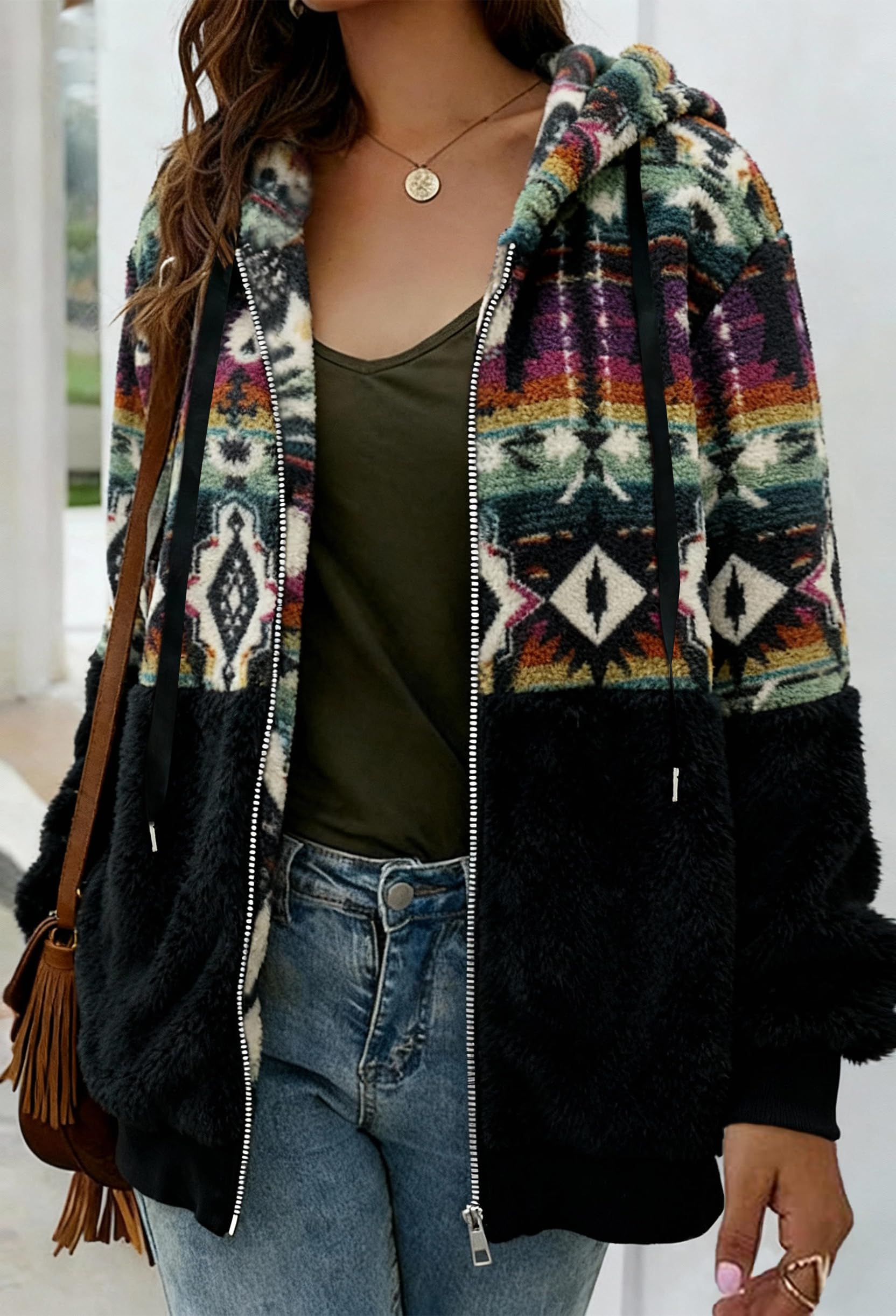 ABINGOO Damen Kapuzenjacke Warm Mantel Teddy-Fleece Plüschjacke Leopard Casuale Zip Hoodie Cardigan Outwear