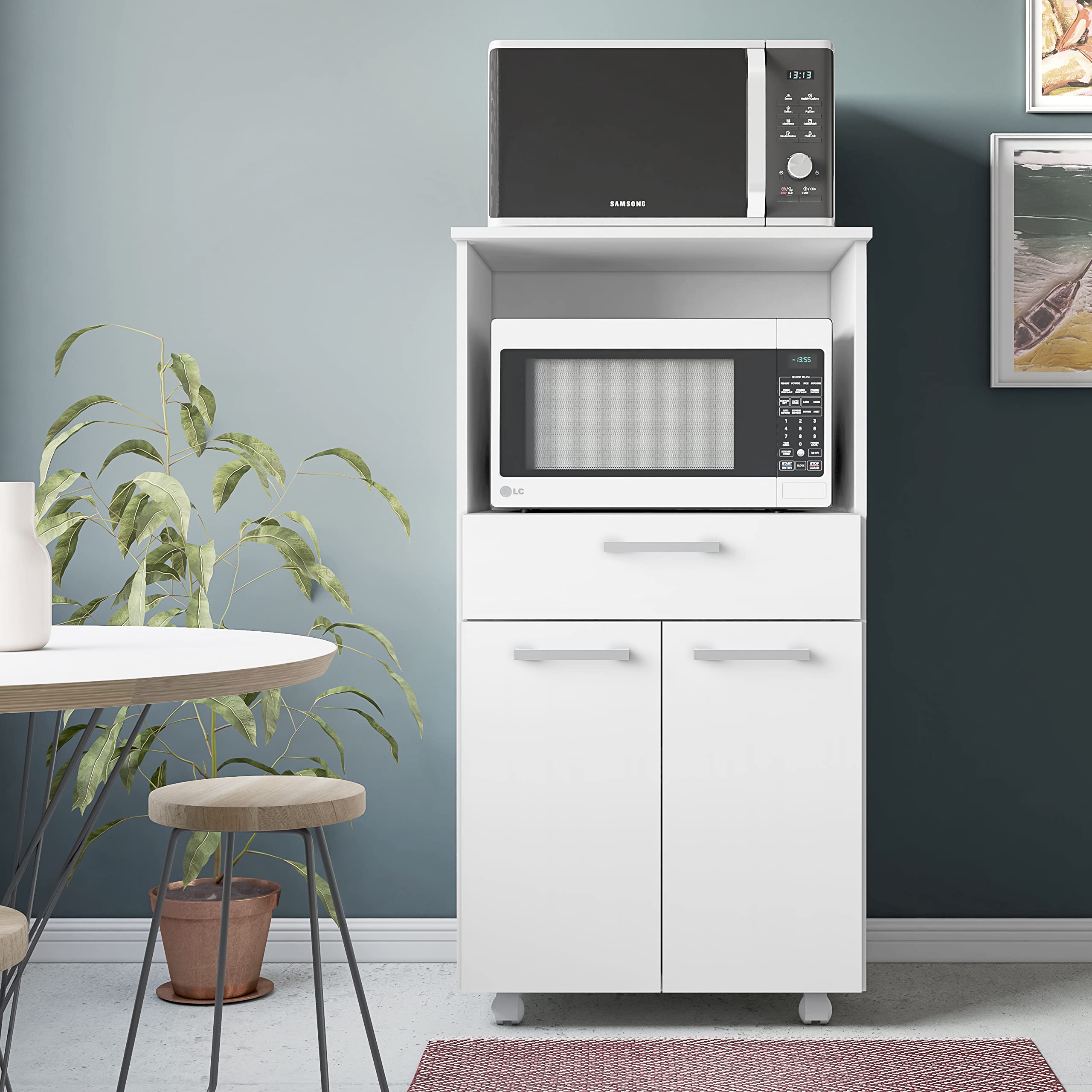 Buyqualia Mueble de Cocina para microondas con Ruedas, aparador Auxiliar en Color Blanco (Alto 118cm / Ancho 61 cm/Fondo 49 cm)