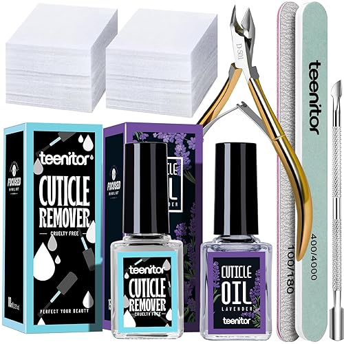 Teenitor Removedor de suavizante de cutículas, aceite de cutícula, juego de herramientas para el cuidado de uñas con recortador de cutículas,