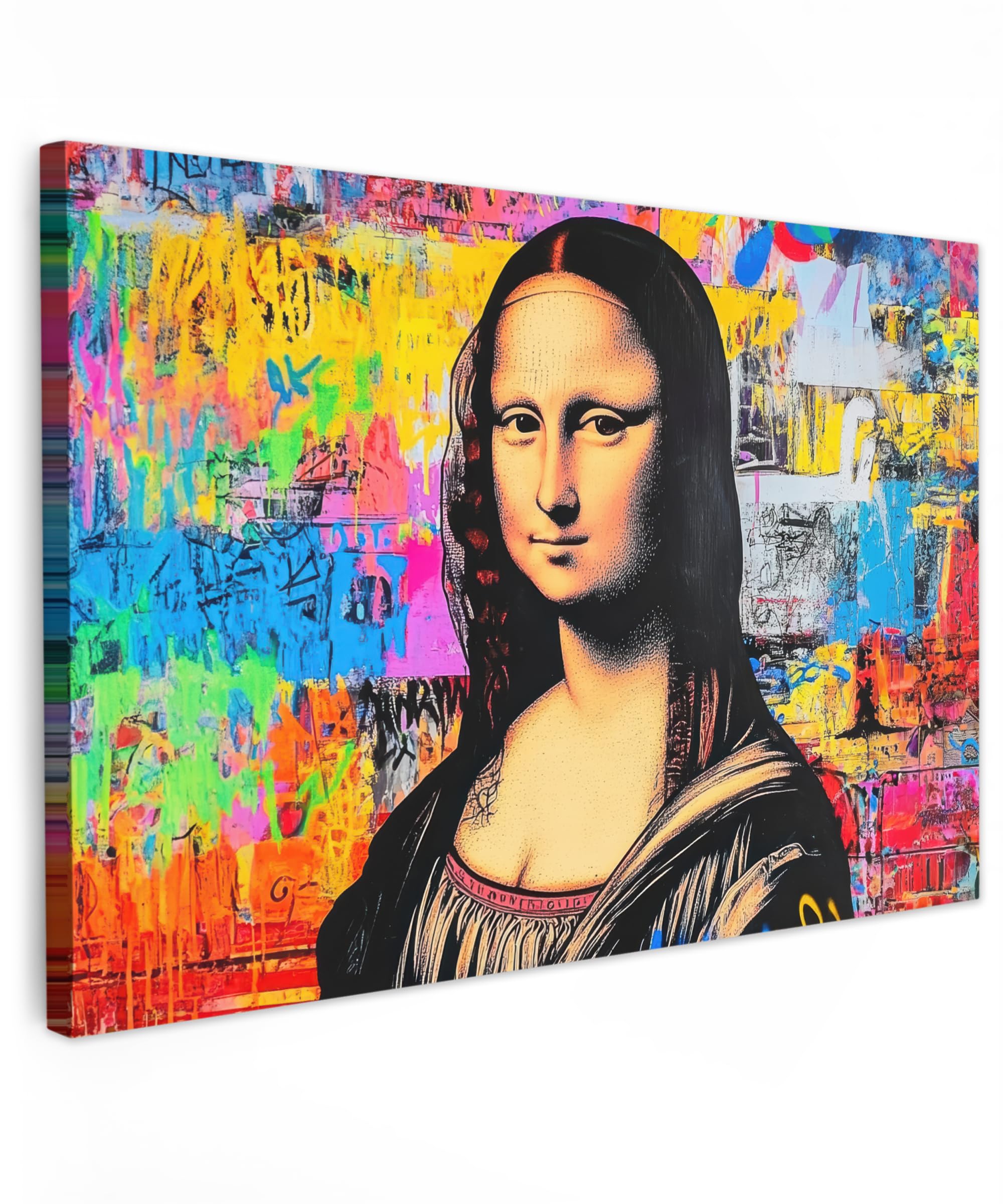 MuchoWow© Bild auf Leinwand Groß 120x80 cm XXL Schlafzimmer Bilder Badezimmer Wand Deko Wohnzimmer Modern Wanddeko Bilderwand Geschenk Graffiti - Neon - Mona Lisa - Kunst - Da Vinci