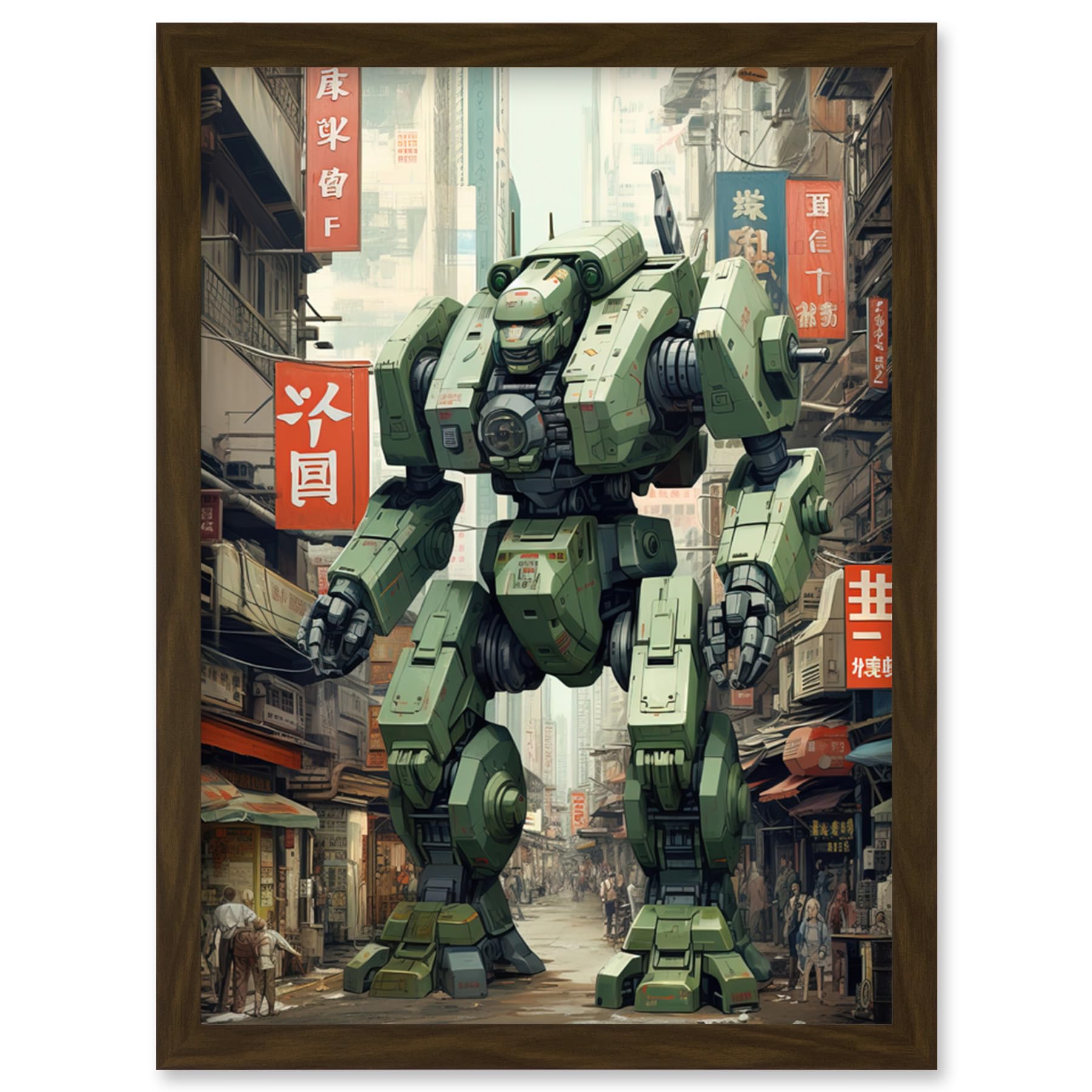 Mecha Robot in City Street Anime Sci-Fi Artwork Print - Red Green Giant Humanoid Machine - Fantasy Science Fiction - Framed A4