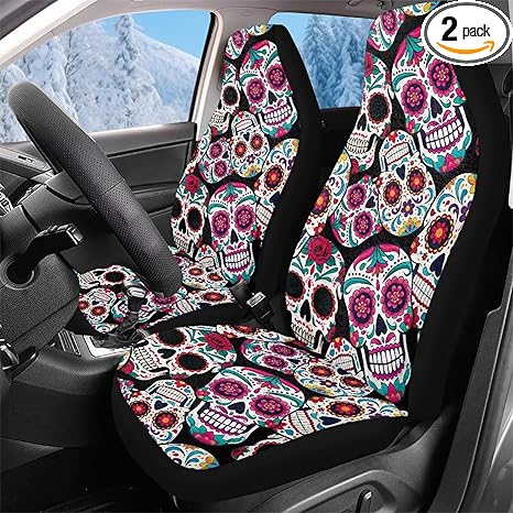 ELEQIN Fluffy Winter Seat Covers for Car Auto Front Seat Covers 2 Pack Car Towel Blanket Sugar Skull Cold Weather Vehicle Interior Accessories for Daily Travel Holiday Fit SUV Van Sedan Truck