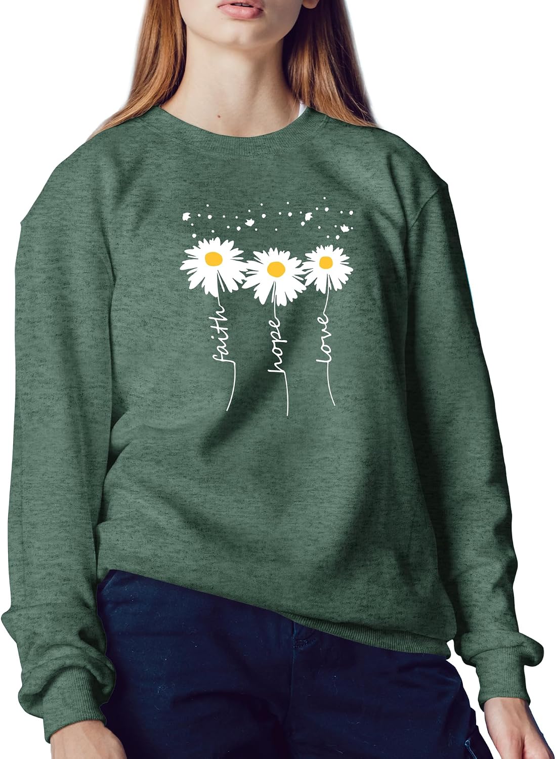 Women Crewneck Daisy Print Long Sleeve Sweatshirts Faith-Hope-Love Graphic Tops Regular Fit Sweatshirt