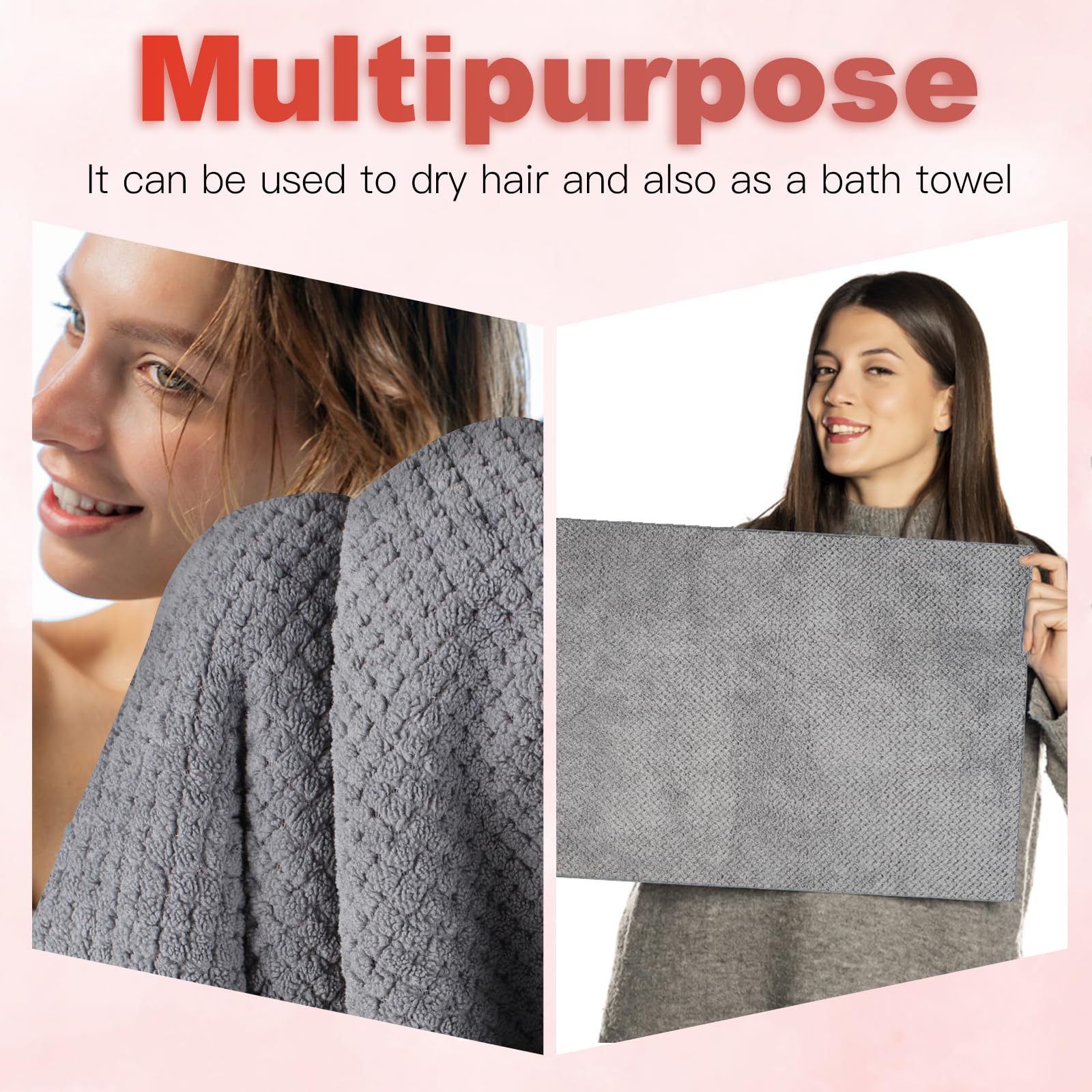 Neerow 2 Stück Mikrofaser Handtuch Haare, 100 x 60 cm Haarturban Super Saugfähig, Haarhandtuch mit Elastischem Band für Damen Kinder Lange Haar Schnell Trocknend (Grau, Rosa)