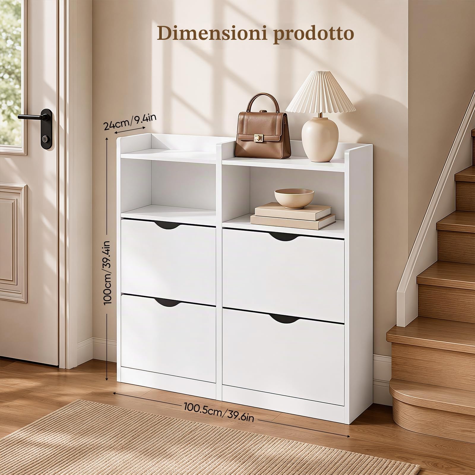 Scarpiera 24cm profondità, 4 cassetti basculanti 16 paia corridoio stretto