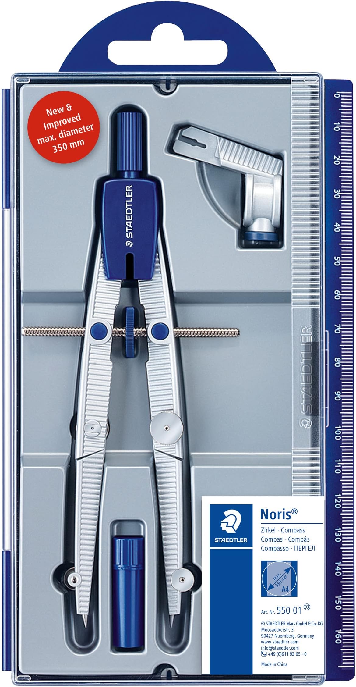 STAEDTLERNoris Club 550 01 School Compass with Center Wheel Set with Universal Adapter and Lead Box, Silver Blue