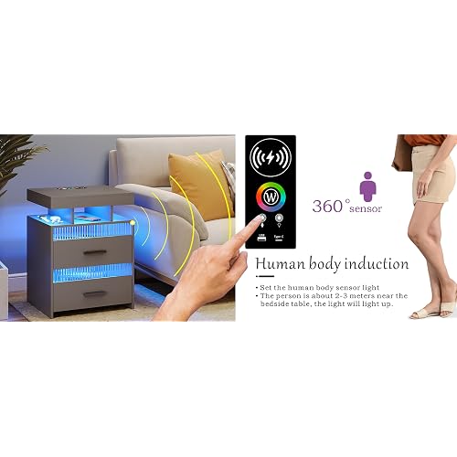 Dystler Night Stand with Charging Station and RGB Lights, LED Nightstand with Tempered Glass and Sliding Top, 3 Drawers Bedside Table with Hidden Storage, Lockable End Side Table for Bedroom, Pale