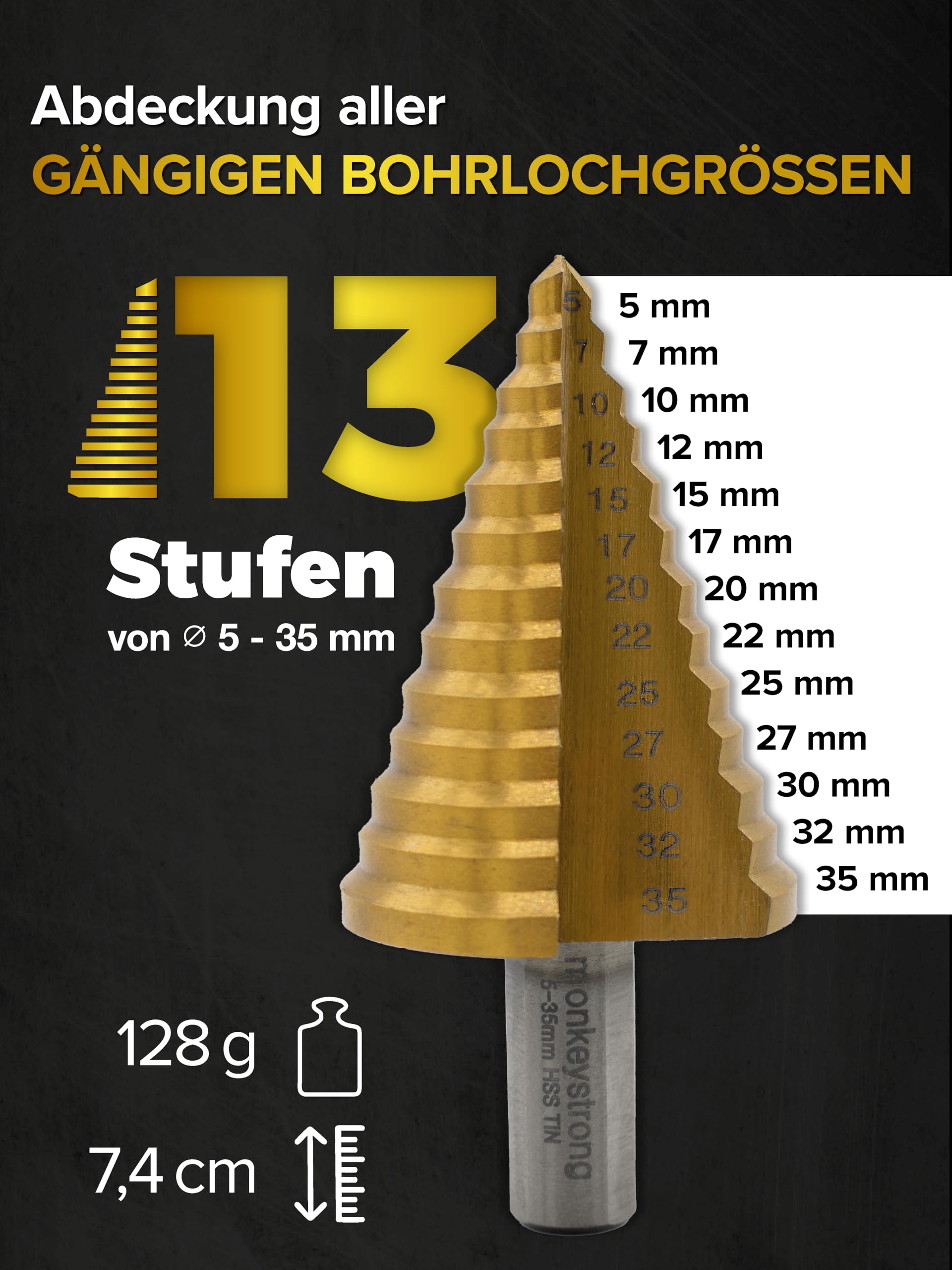 monkeystrong Stufenbohrer 35mm TiN – Ø 5-35 Metall 13 Stufen Kegelbohrer | HSS, Schälbohrer, Konusbohrer, Blechbohrer, für Baustahl, Eisen, NE-Metall, Kunststoff & Holz, mit Drehzahltabelle