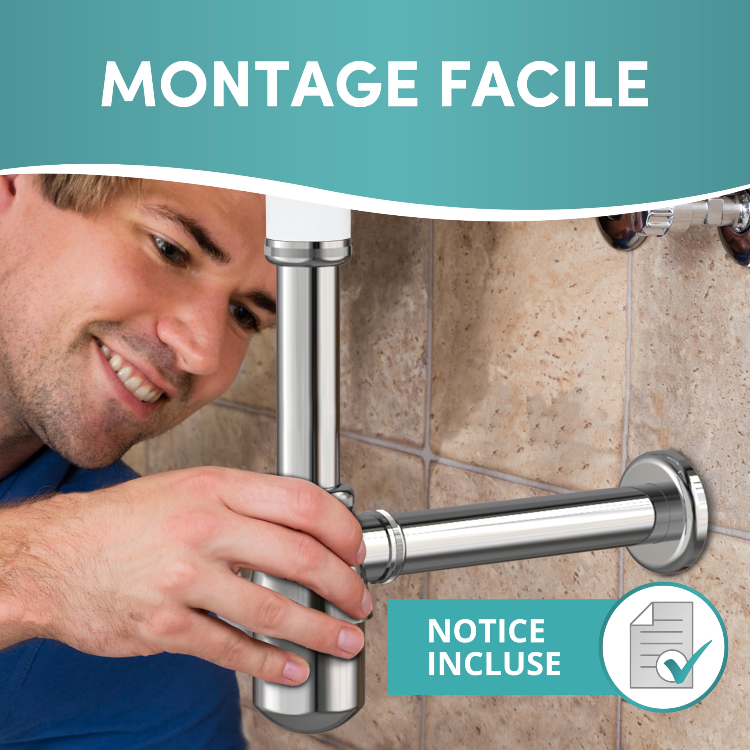 Engelbach® Siphon lavabo 1 1/4" avec ouverture nettoyage - Tube évacuation universel salle de bain avec joint caoutchouc et guide d’installation