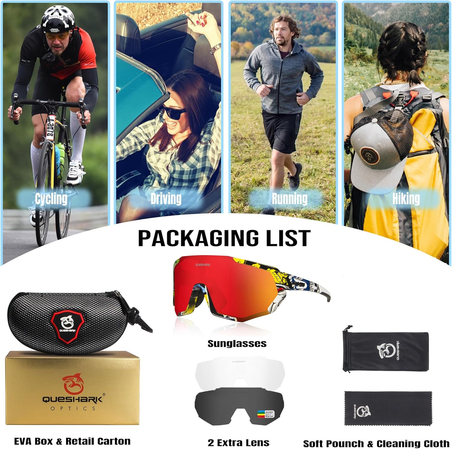 Queshark Cycling Glasses, Sports Sunglasses for Men Women, 1 Polarized 2 HD Lens, Polarized Sunglasses for Cycling Running - Image 5