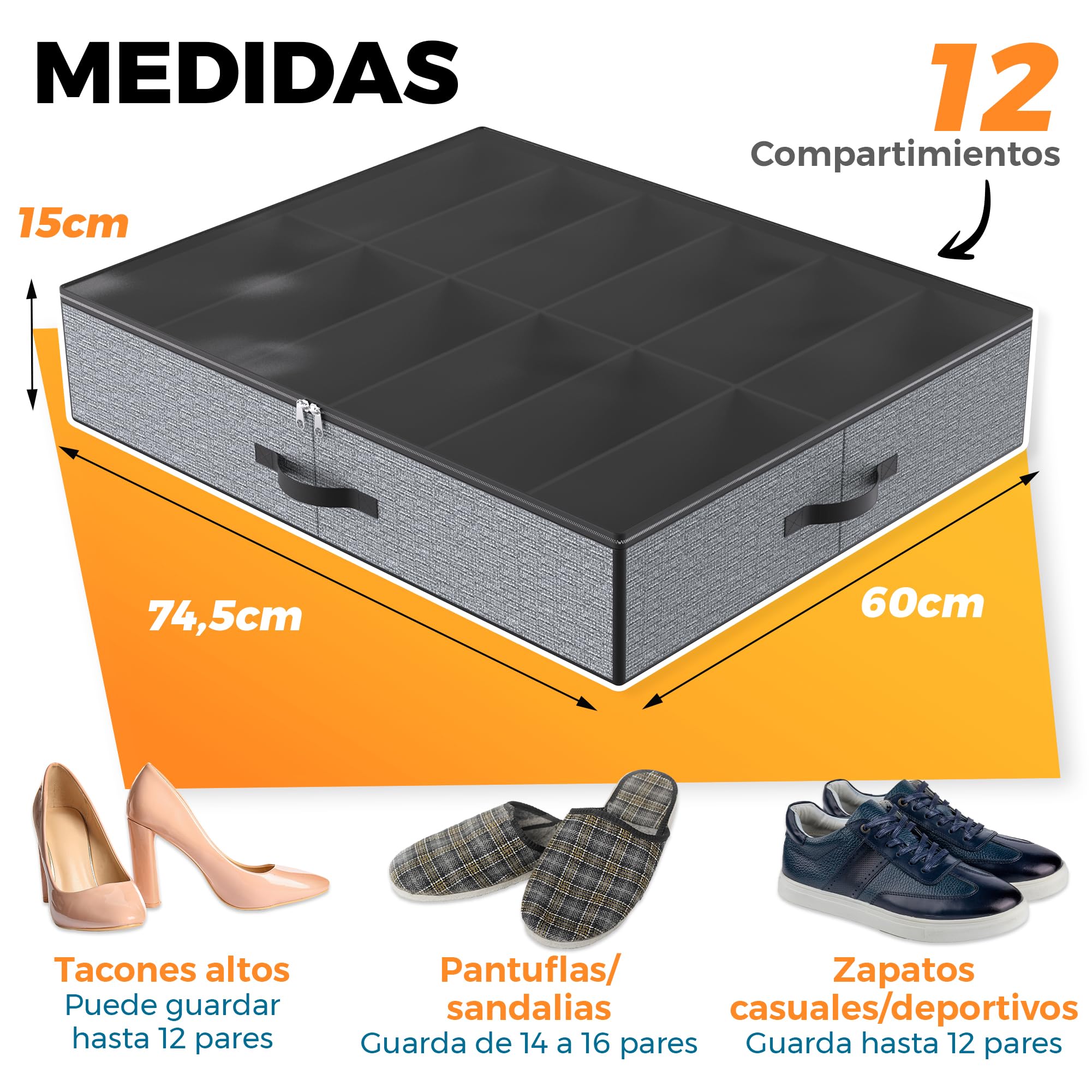 Organizador Zapatos - Zapatero Bajo Cama de Tela - Organizadores de Zapatos - Cajas para Zapato - Zapatero Tela - Organizador Zapato Armario o Debajo Cama - (3 Cajas/36 Compartimentos) - 74,5x60x15 cm