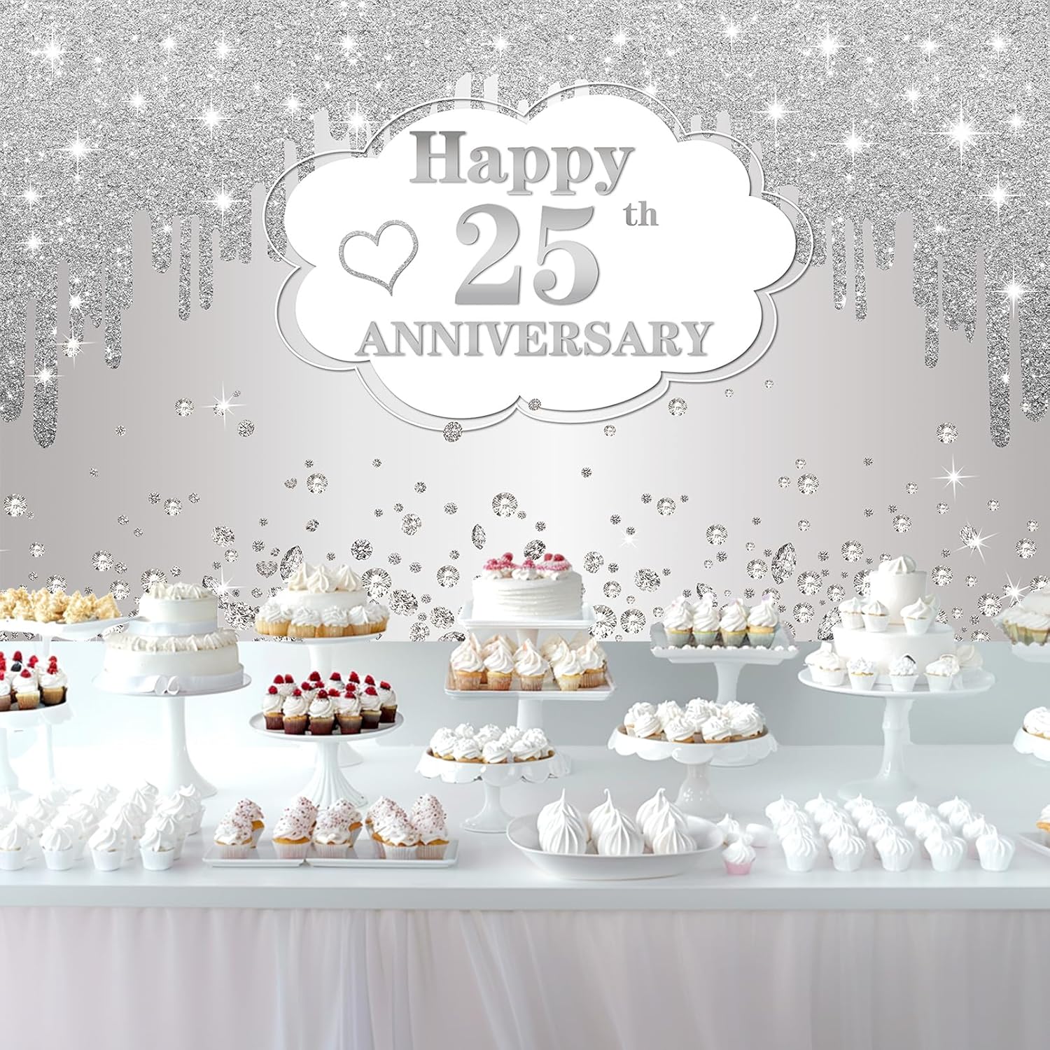 25th Wedding Anniversary Banner Decorations, Silver 25 th Wedding Anniversary Decorations Decor Poster Photography for Backdrop, Silver Happy 25 Anniversary Party Supplies, 72.8x43.3 inches - Image 4