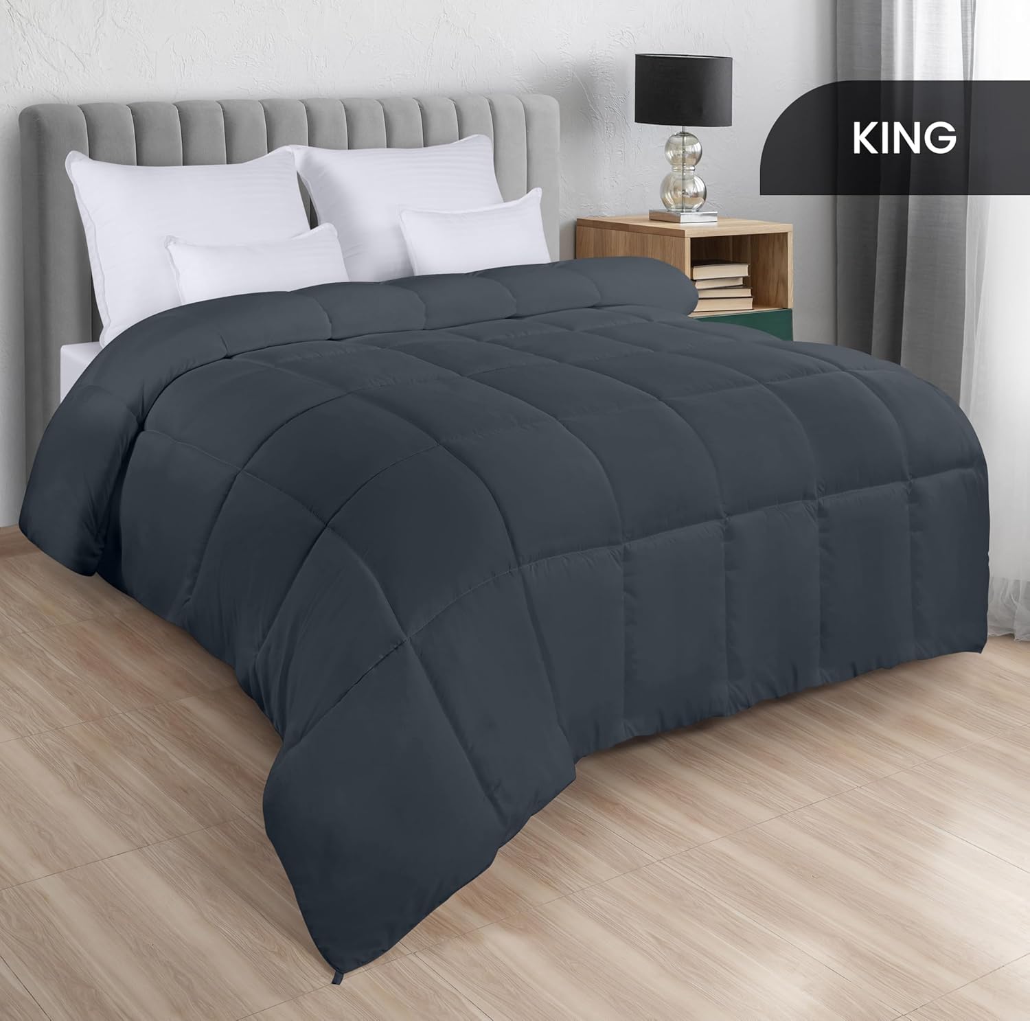 Utopia Bedding Comforters King Size, All Season Duvet Insert, Down Alternative Box Stitched Bed Comforter with Corner Tabs, Machine Washable (Grey) King (Pack of 1) Grey