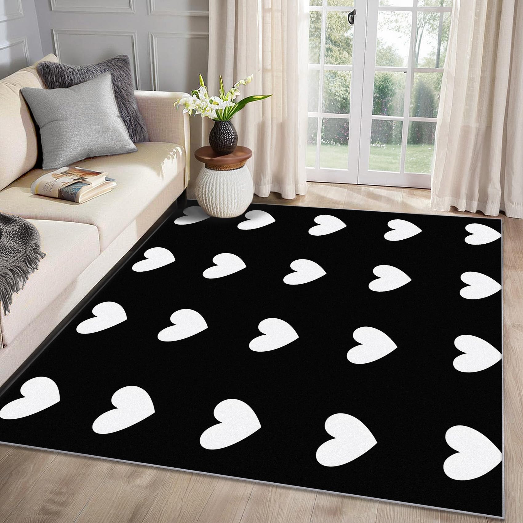 Herz Teppich Wohnzimmer 240x340 Herzen Schwarz Weiß Deko, Großer Teppich Kurzflor, Weich rutschfest Waschbare Teppiche, Bettvorleger Schlafzimmer Kinderzimmer