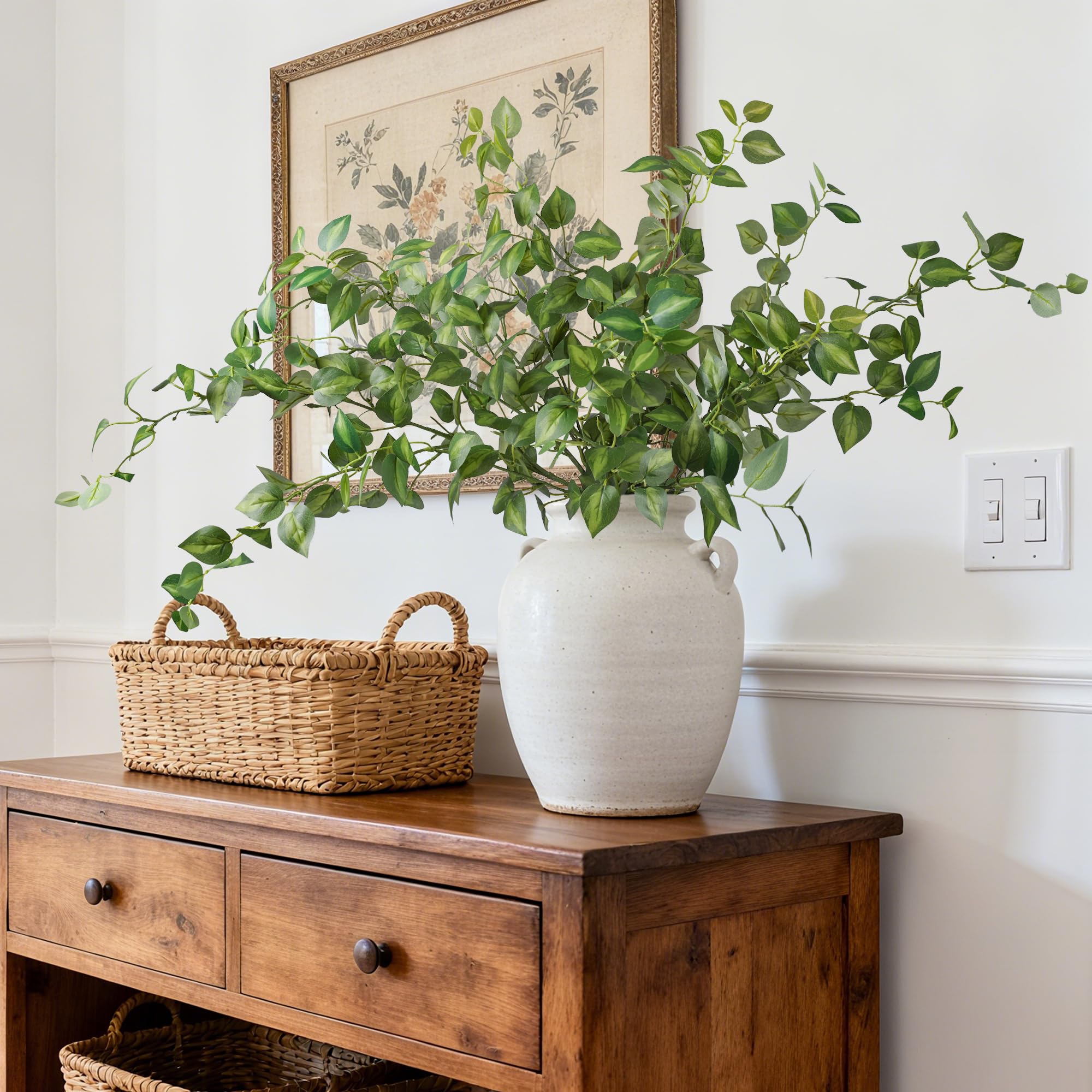 Condition photo showing As Is for hyeflora 5pcs artificial eucalyptus leaves stem plants for spring decor, 32.7 inch fake leaves greenery branches green shrubs silk faux foliage diy stems for festival home kitchen farmhouse(green)