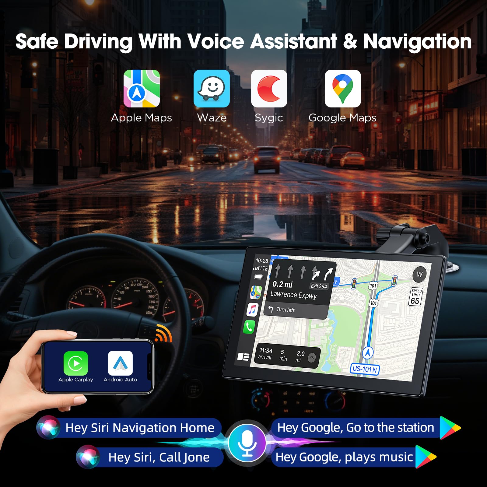 LAMTTO 9-calowy ekran CarPlay do samochodu dla A-pple CarPlay i Android Auto z przednią i tylną kamerą 4K + 1080P, radio samochodowe CarPlay z nawigacją/asistente de voz/lustrzanego ekranu/FM/64G TF