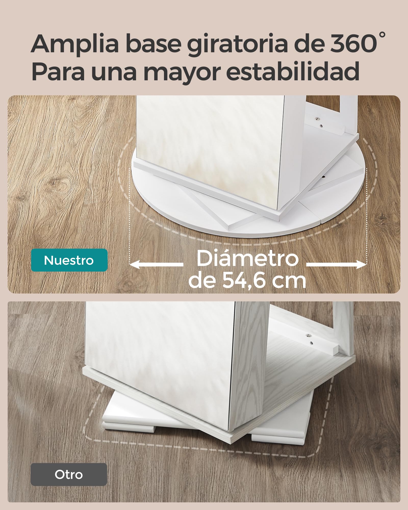 SONGMICS Espejo Joyero con 6 LEDs, Armario de Joyas de Giro de 360°, Organizador de Joyas Giratorio, sin Marco, Espejo Completo con Almacenaje, Superficie Blanco y Forro Negro JJC007W01