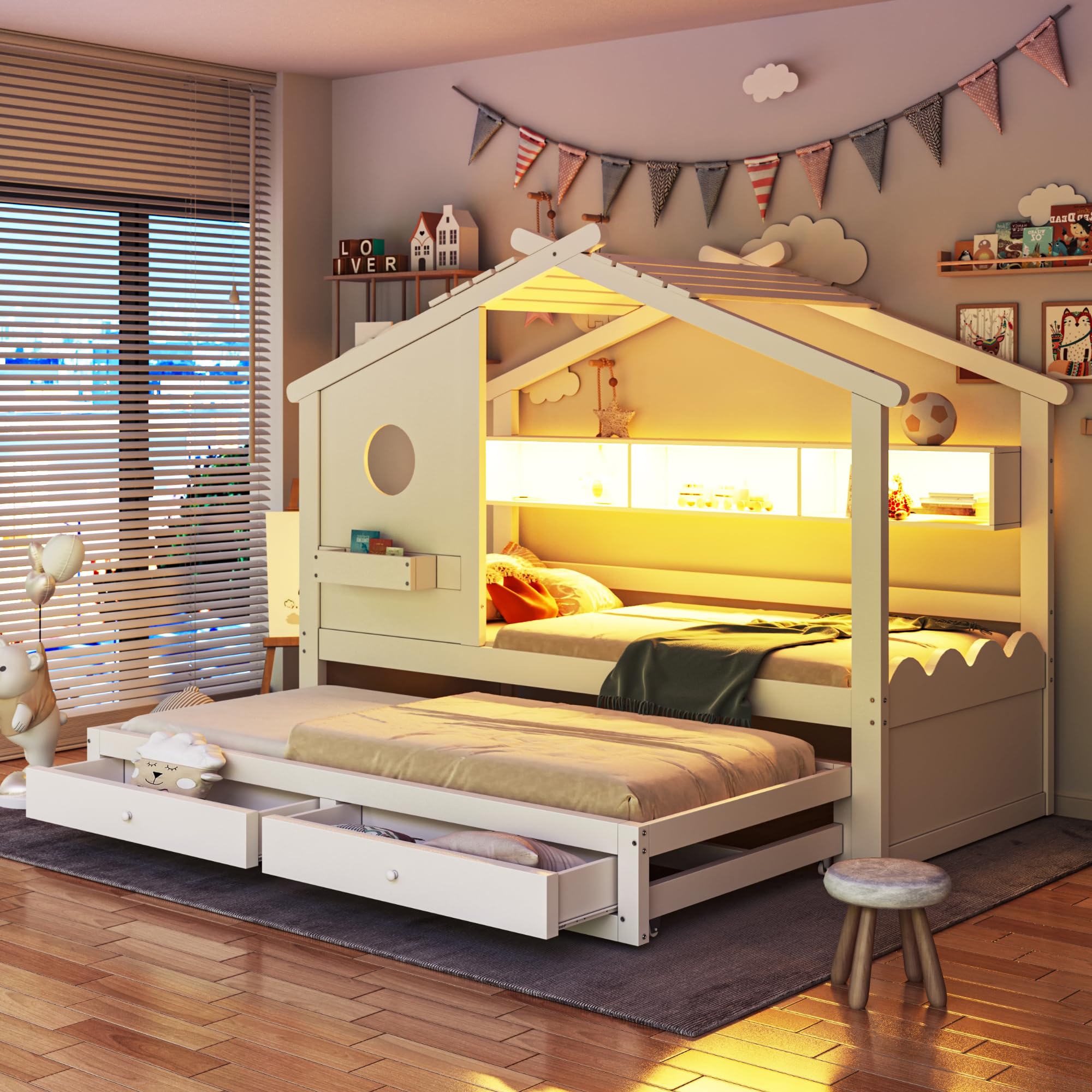 Letto Casetta per Bambini Ragazzi 90x200 con letto estraibile 90x190, Letto a Forma di Casa con LED e Porte di ricarica USB, 2 Cassetti e Ripiani, Struttura letto in Legno Massiccio(Senza Materasso)