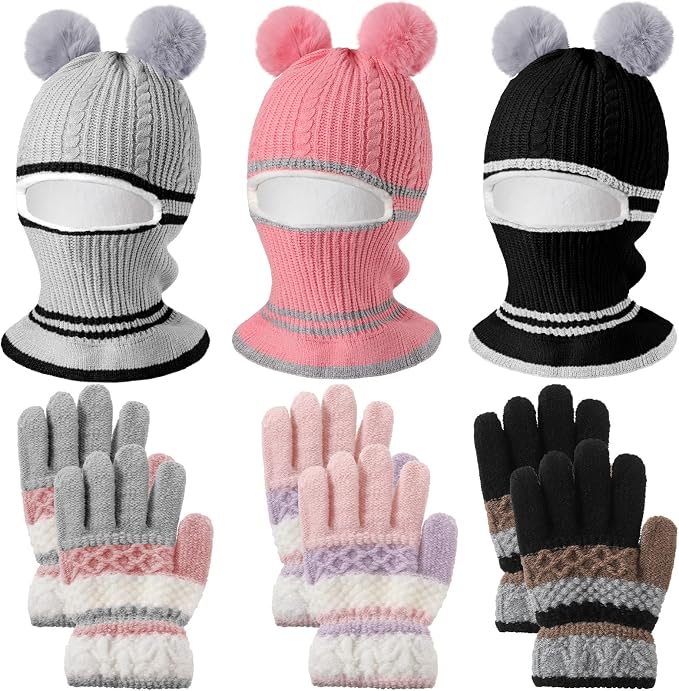 9 Pcs Kids Hood Scarf Gloves Set Kids Knit Hat Winter Thick Earflap Skull Caps Toddler Fleece Beanie Cap Balaclava for Boy Girls, 3 Style