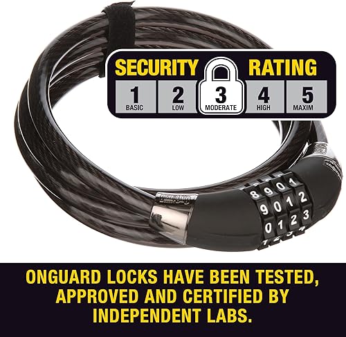 Miniatura 6 de OnGuard Candado de bicicleta con combinación de cables, cable flexible de acero trenzado de 0.472 in con código personalizable de 4 dígitos, carcasa