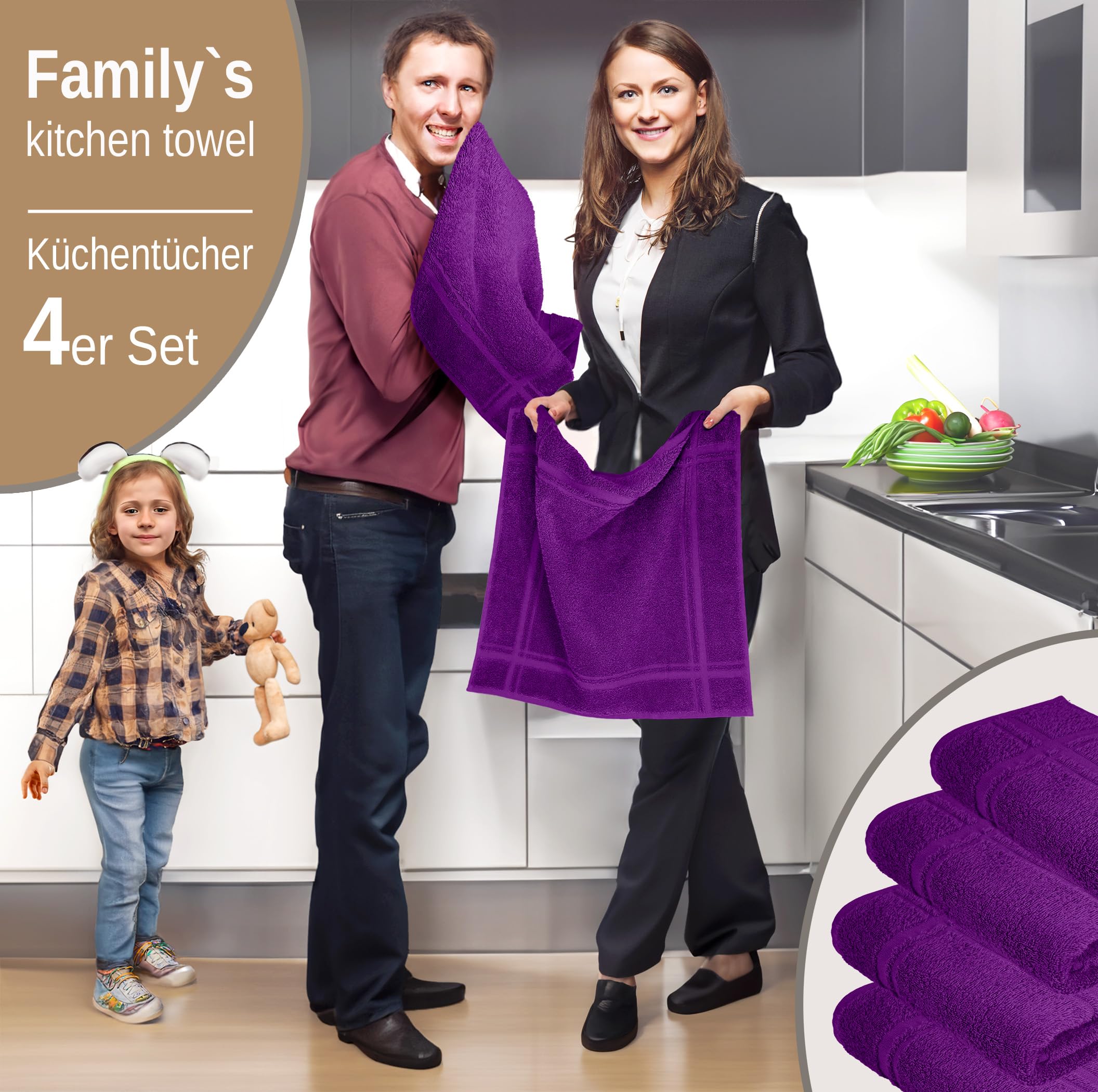 Lashuma Lot de 4 torchons de cuisine éponge 50 x 50 cm, 100 % coton, 450 g/m², violet aubergine