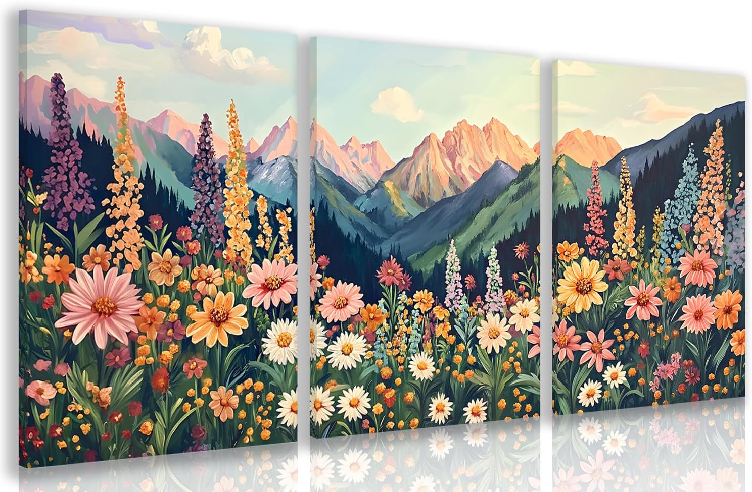 Hianan Mount Daisy Wildflower Landscape Wall Art, Colorful Floral Wall Decor, Boho Sunset Landscape Canvas Painting, Bright Botanical Poster Prints for Living Room Bedroom Framed 12"x16"x3