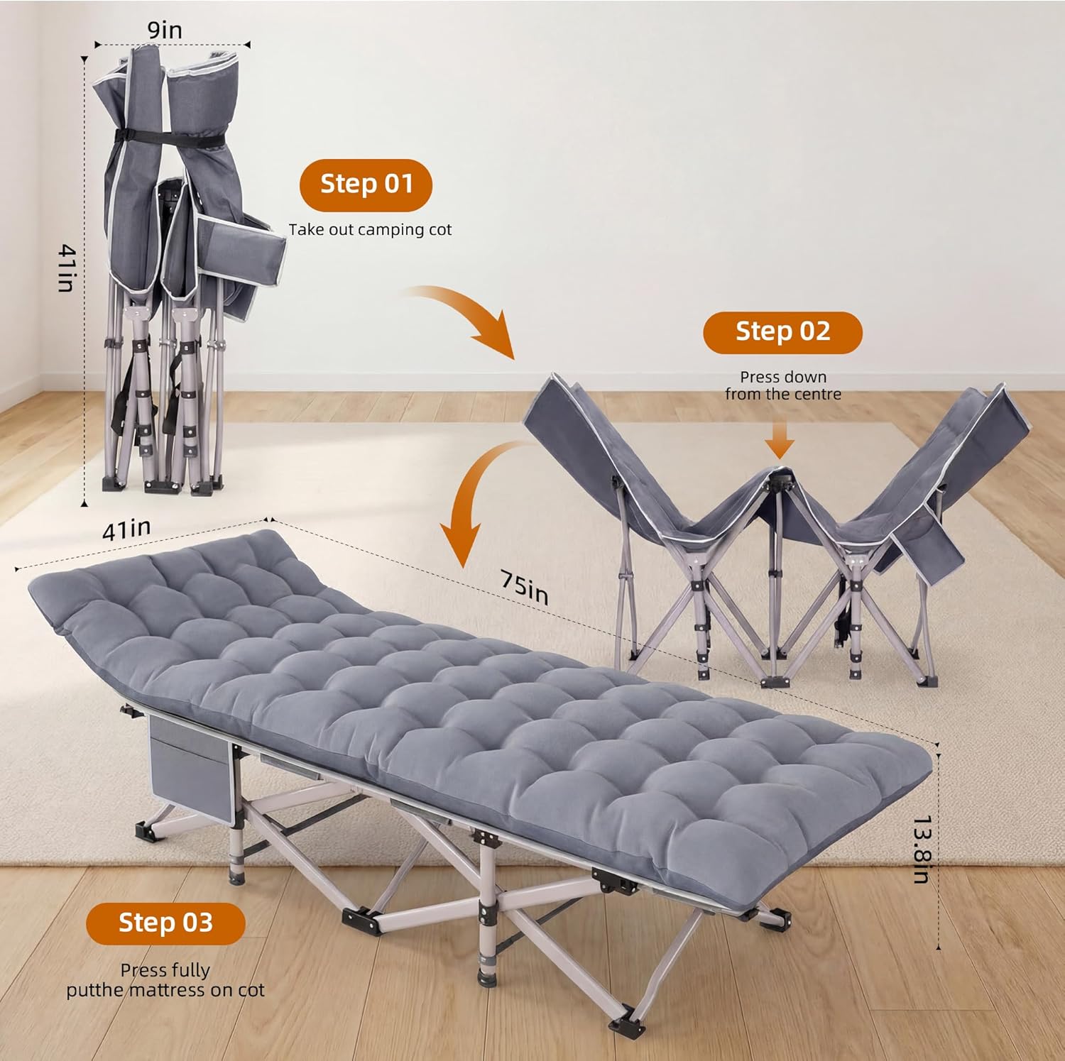 Folding Camping Cot for Adults Heavy Duty - 800LBS Capacity Sleeping Cot with Thicker Pad, Portable Foldable Cot Double Layer Oxford Outdoor Camp Bed for Guest Use Office Nap Travel(Gray)