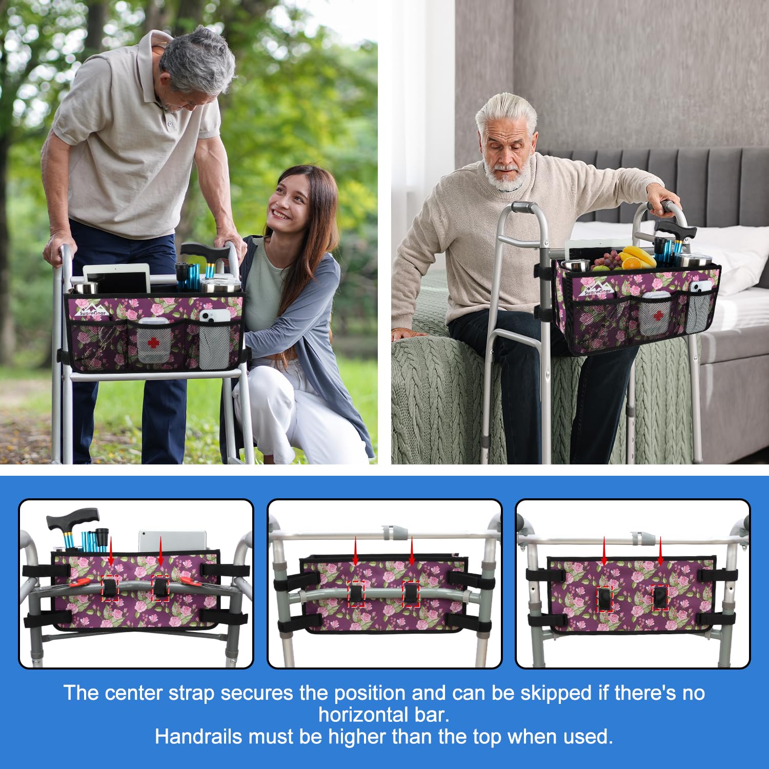 supregear Cesta plegable para andador con portavasos, gran capacidad, manos libres, no compatible con rollator, Floral Púrpura