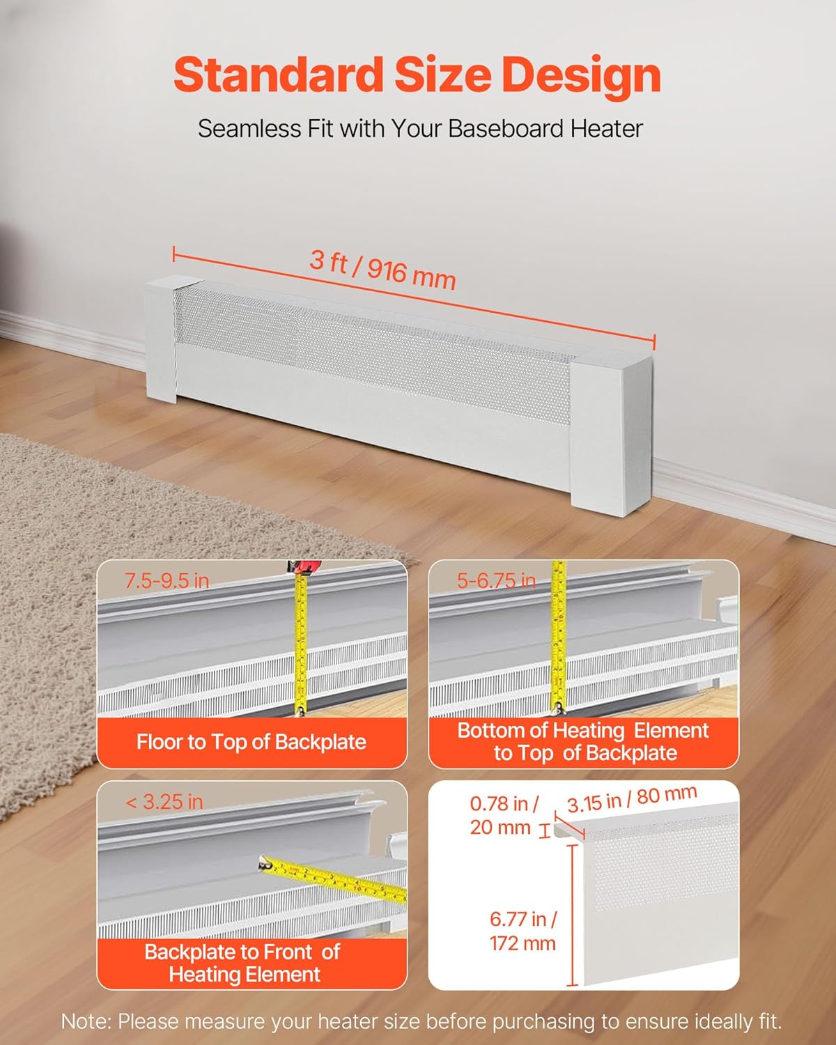 VEVOR Baseboard Heater Covers, Basic Series 3 ft Standard Electric Heating Unit Front Cover for Home Improvement, Heavy-duty Steel, Easy Installation for Bedroom Replacing Old Cover, White